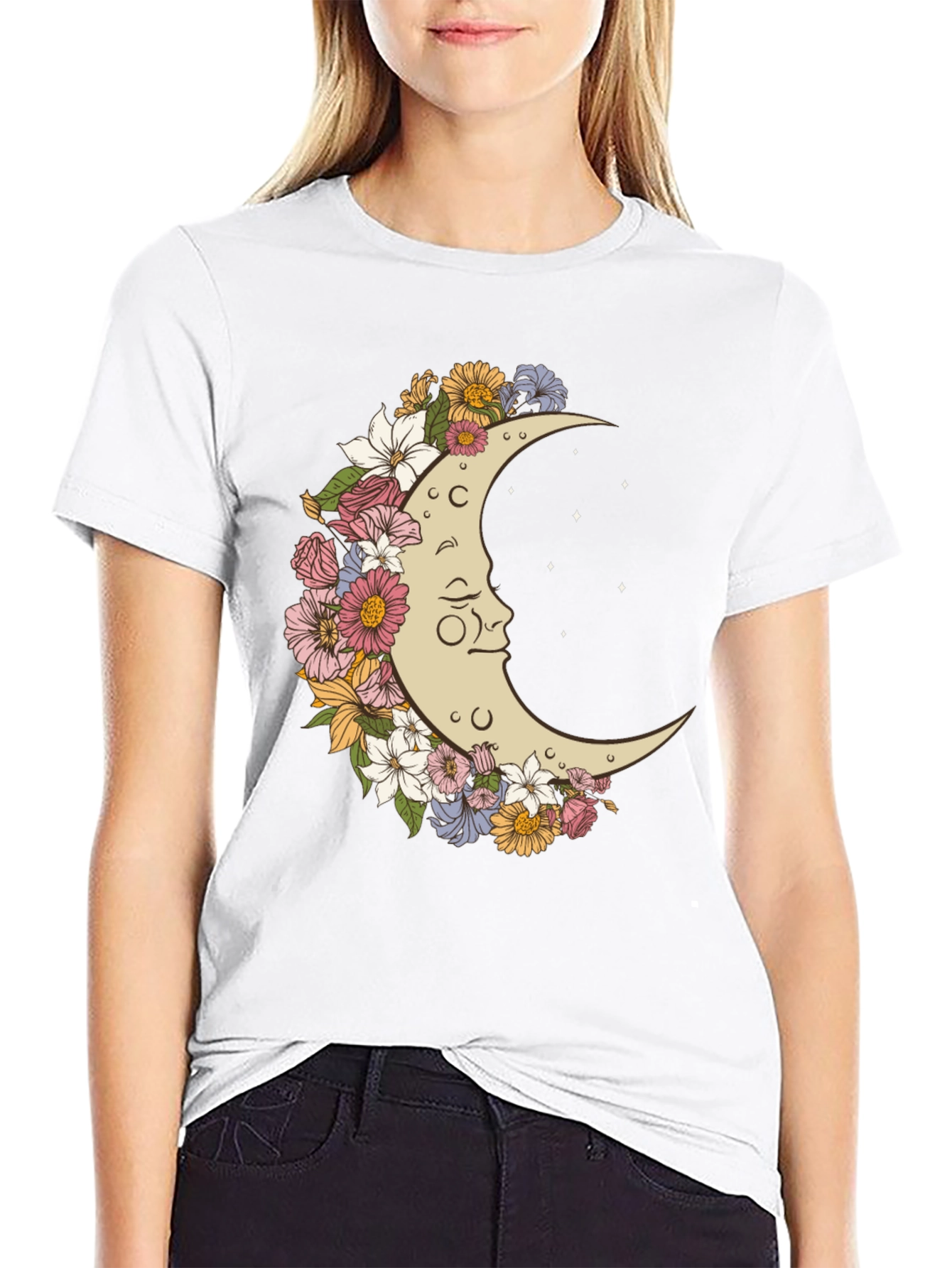 Floral Moon Graphic T-Shirt - Unisex Black Tee