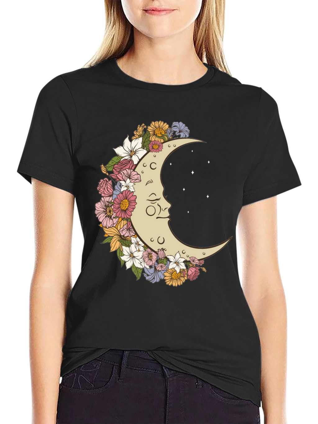 Floral Moon Graphic T-Shirt - Unisex Black Tee
