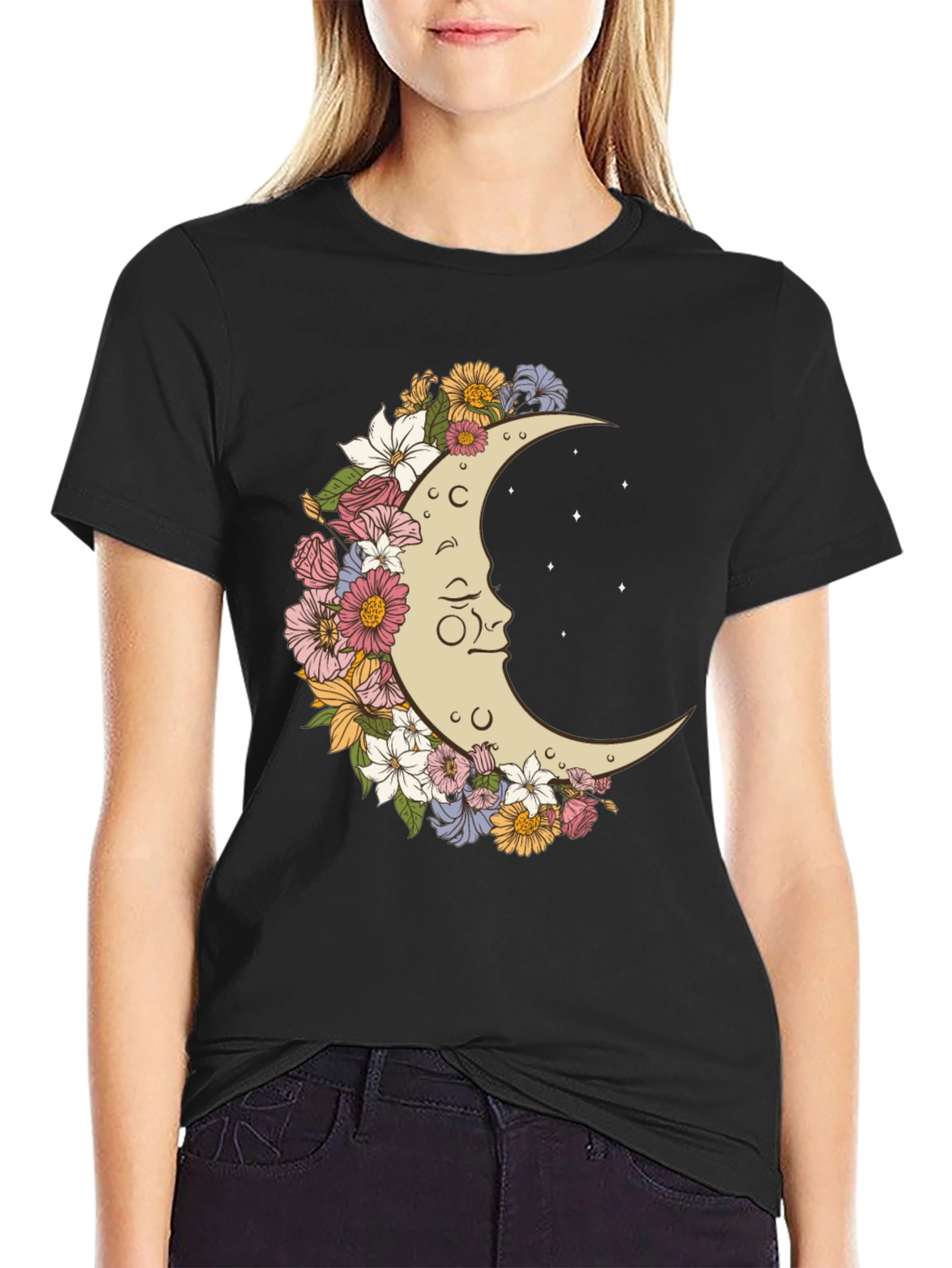 Floral Moon Graphic T-Shirt - Unisex Black Tee