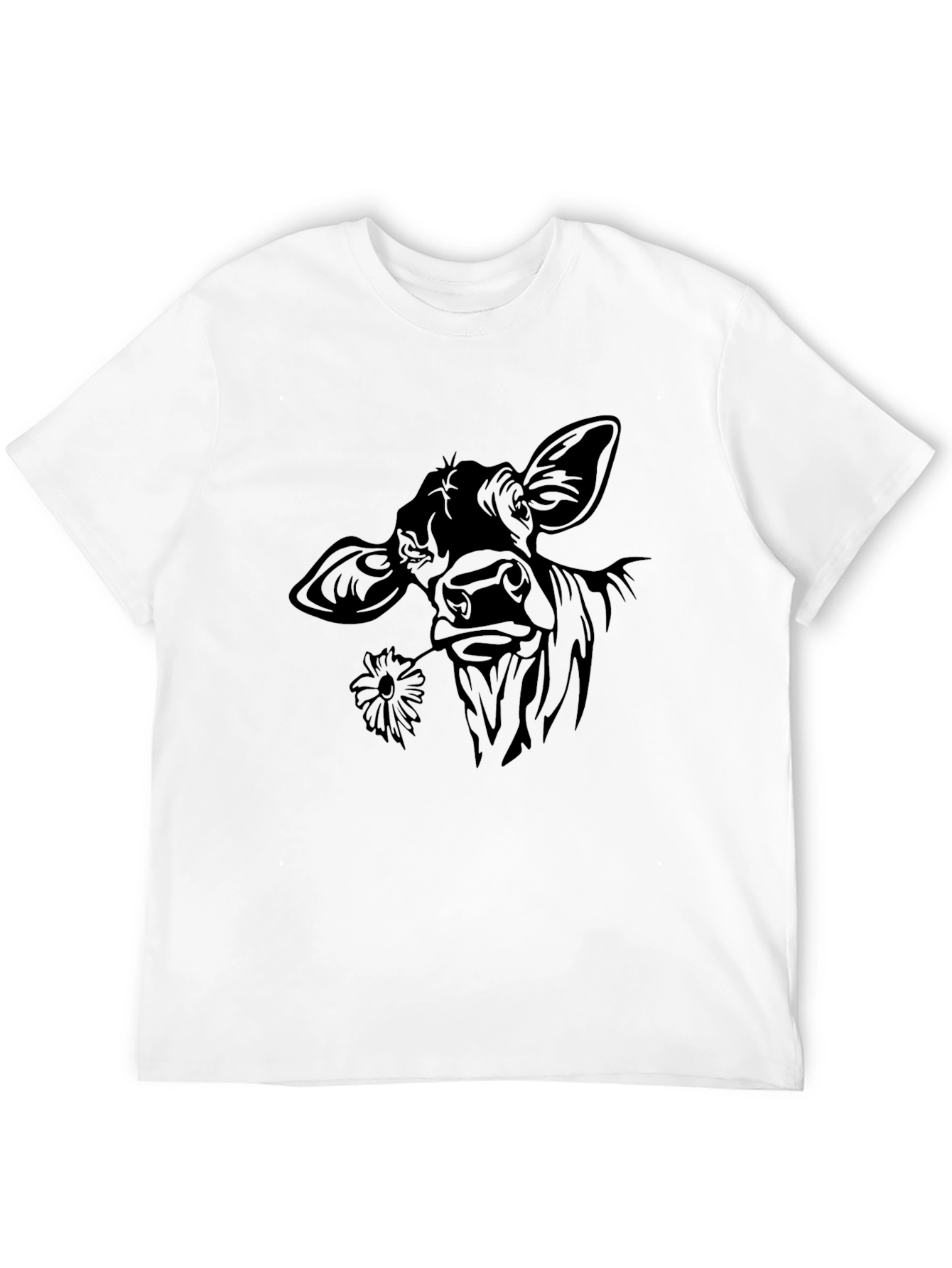 Cow with Flower T-Shirt - Black Crew Neck Tee