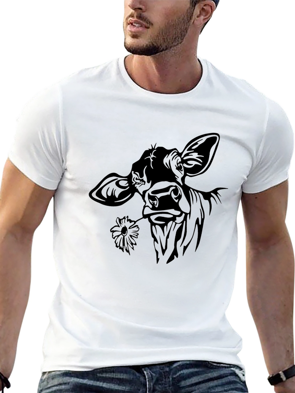 Cow with Flower T-Shirt - Black Crew Neck Tee
