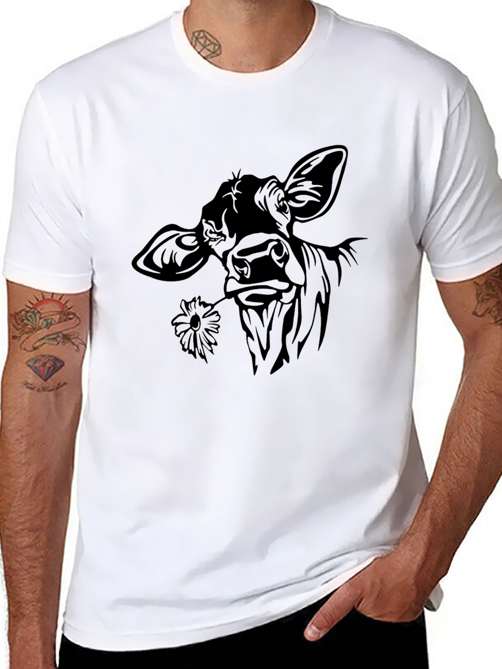 Cow with Flower T-Shirt - Black Crew Neck Tee