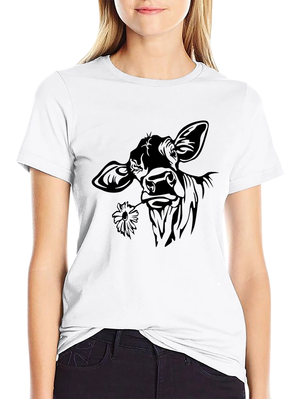 Cow with Flower T-Shirt - Black Crew Neck Tee