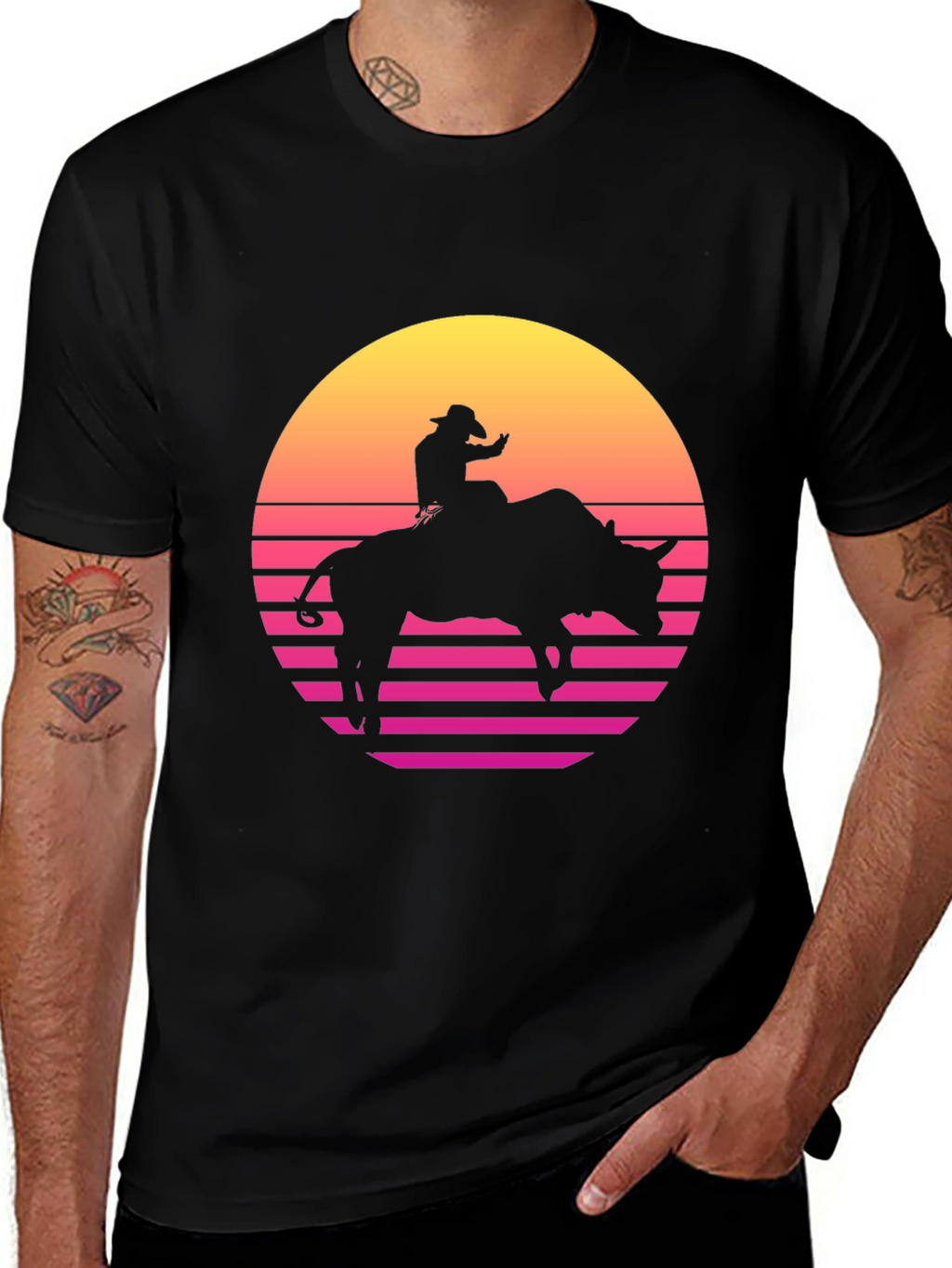 Retro Rodeo Bull Rider Graphic Tee - Black