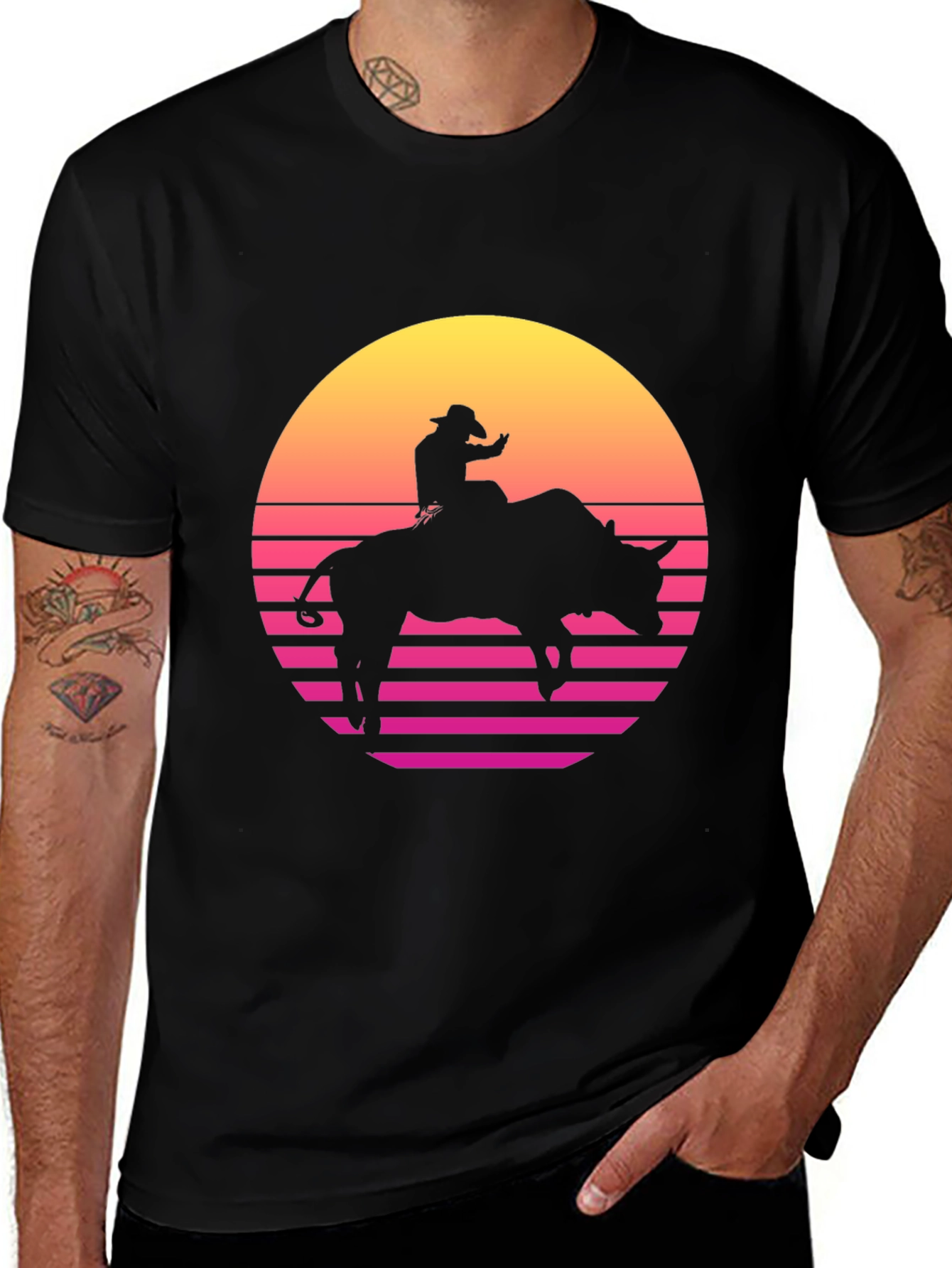 Retro Rodeo Bull Rider Graphic Tee - Black