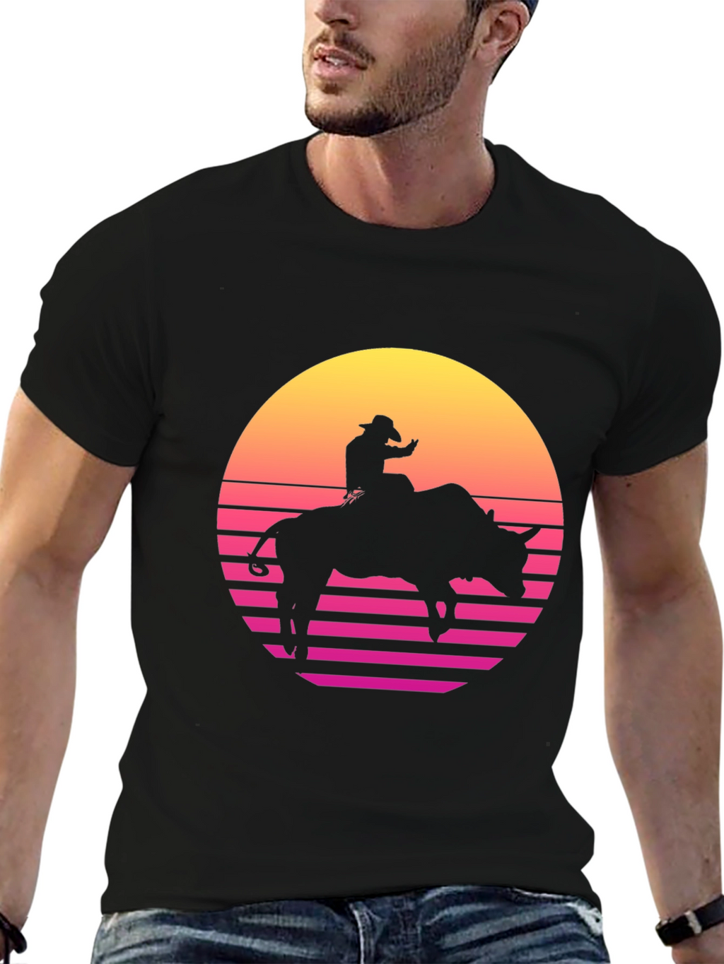 Retro Rodeo Bull Rider Graphic Tee - Black