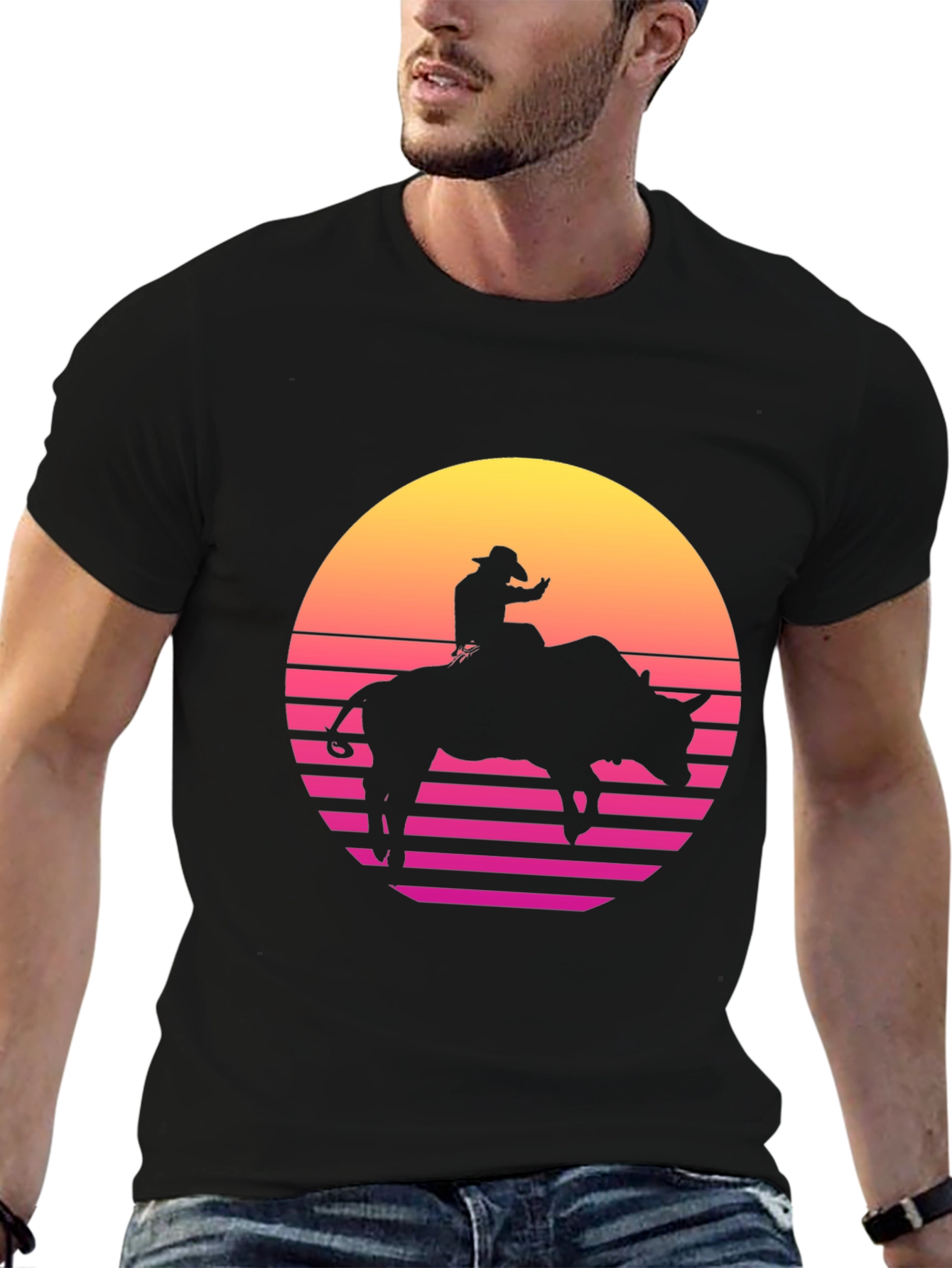 Retro Rodeo Bull Rider Graphic Tee - Black
