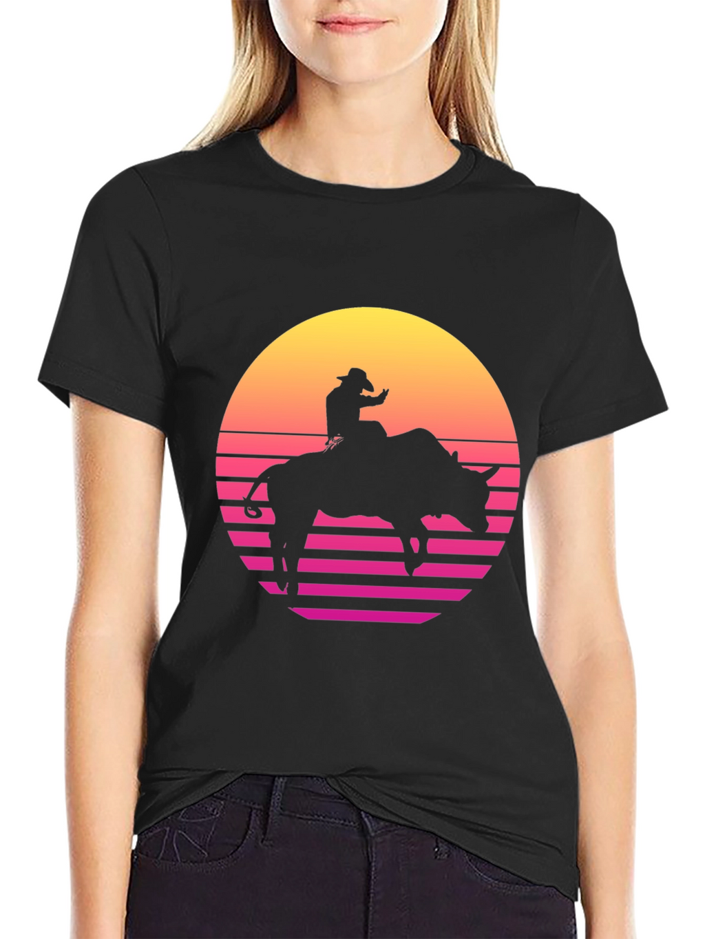 Retro Rodeo Bull Rider Graphic Tee - Black