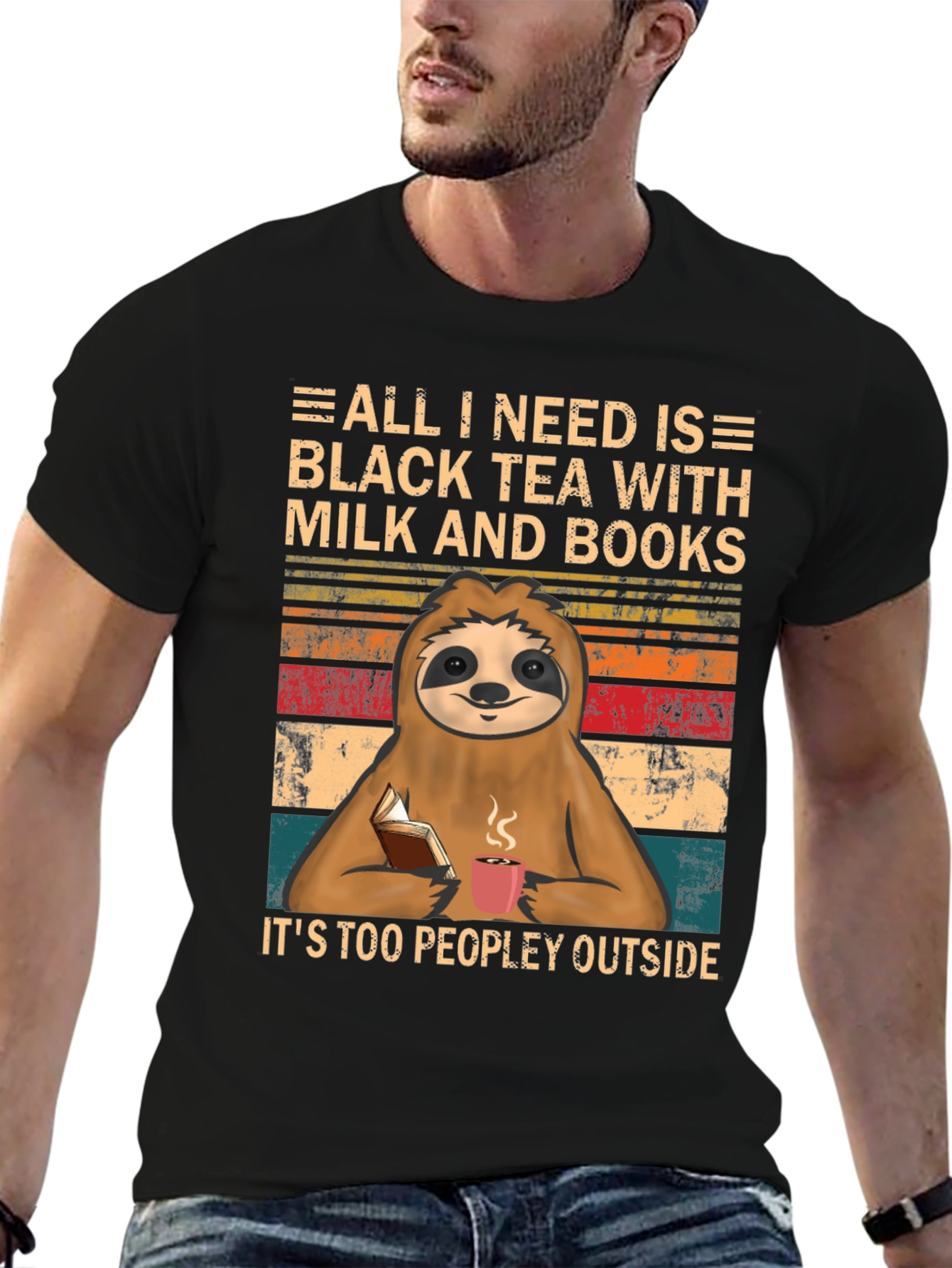 Black Tea Sloth Graphic Tee - Introvert Comfort