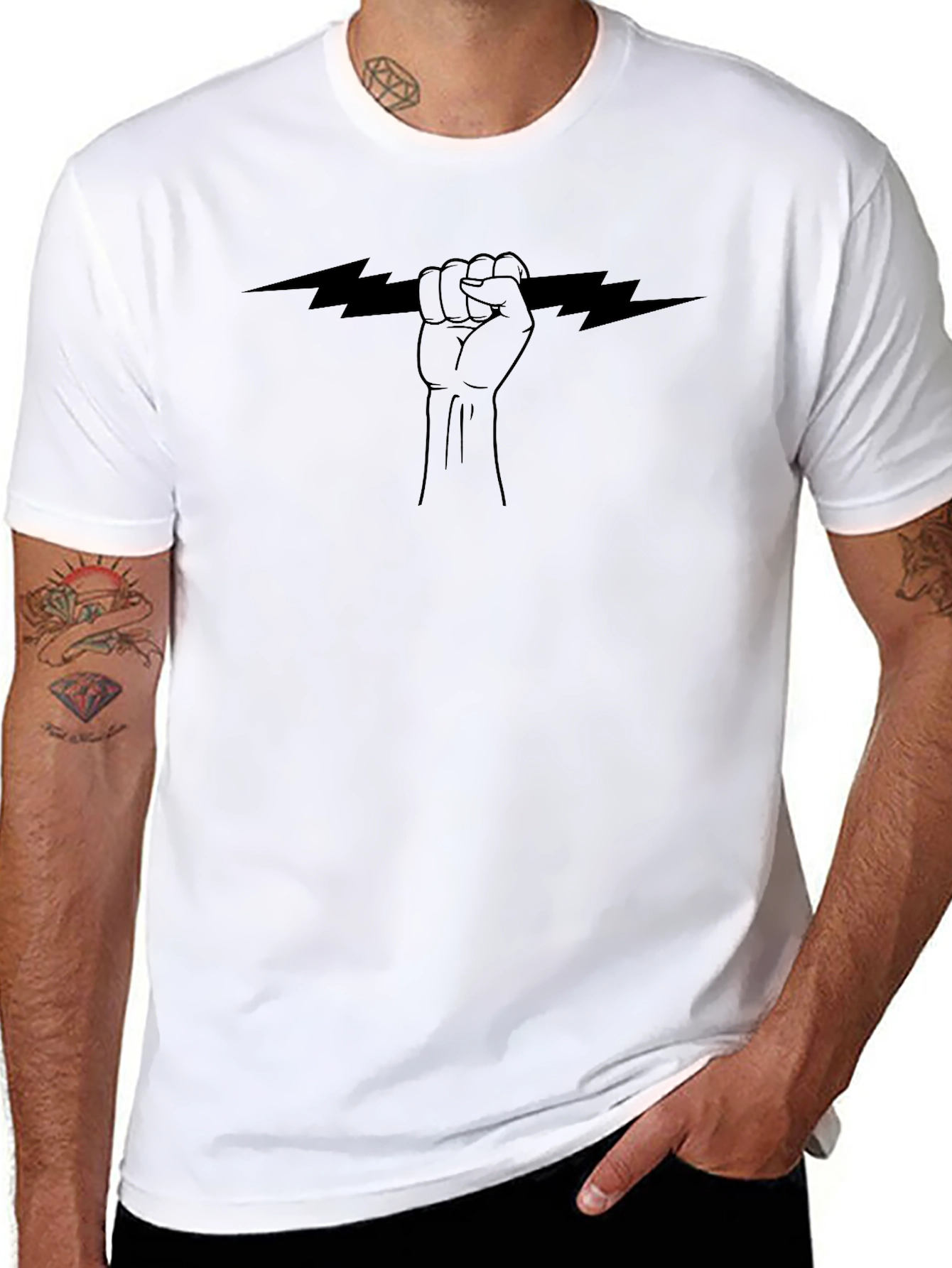 Graphic Tee: Fist Holding Lightning Bolt - Black Cotton T-Shirt