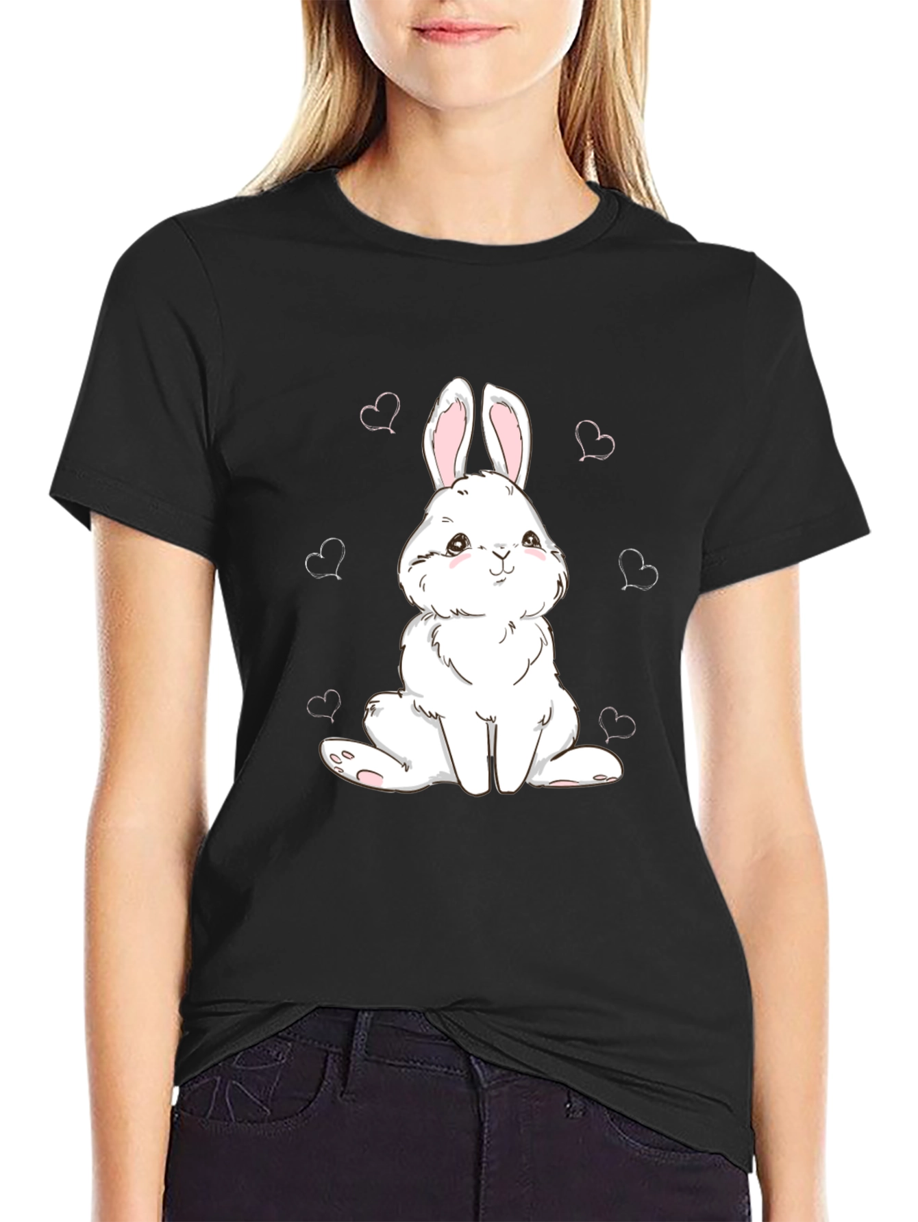 Cute Bunny Graphic Tee - Black Cotton Comfort