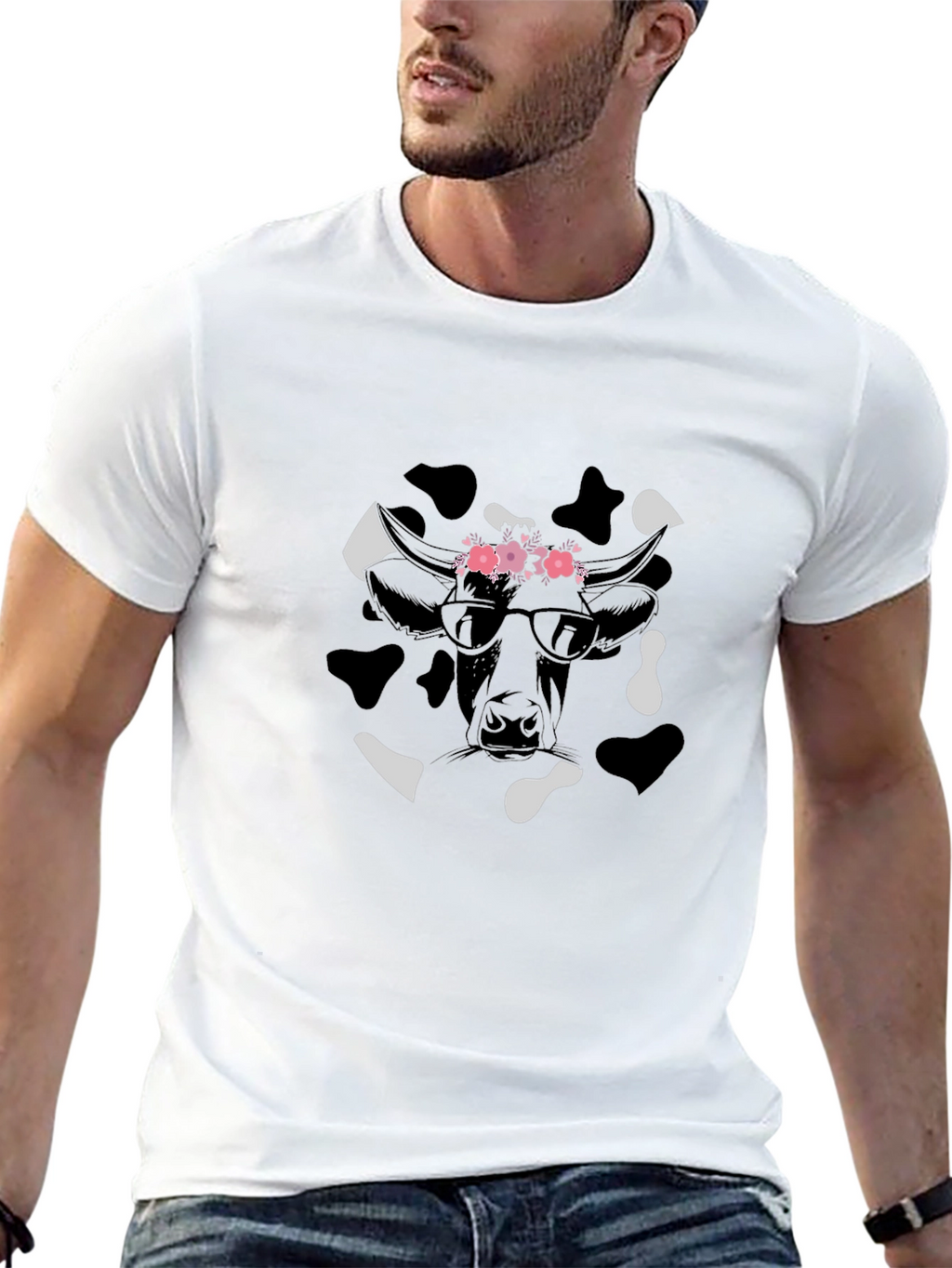 Cow Print T-Shirt with Floral Crown