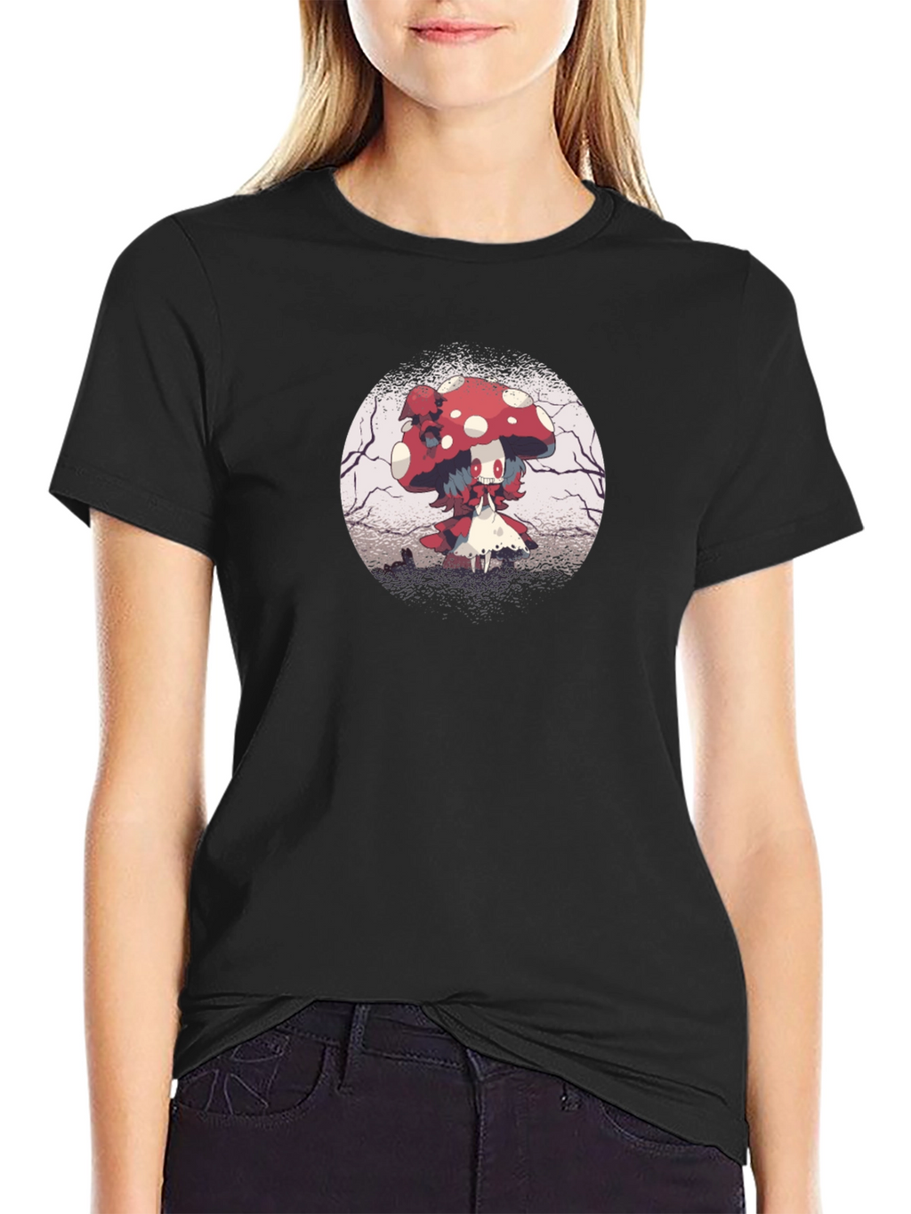 Mushroom Character Graphic Black T-Shirt