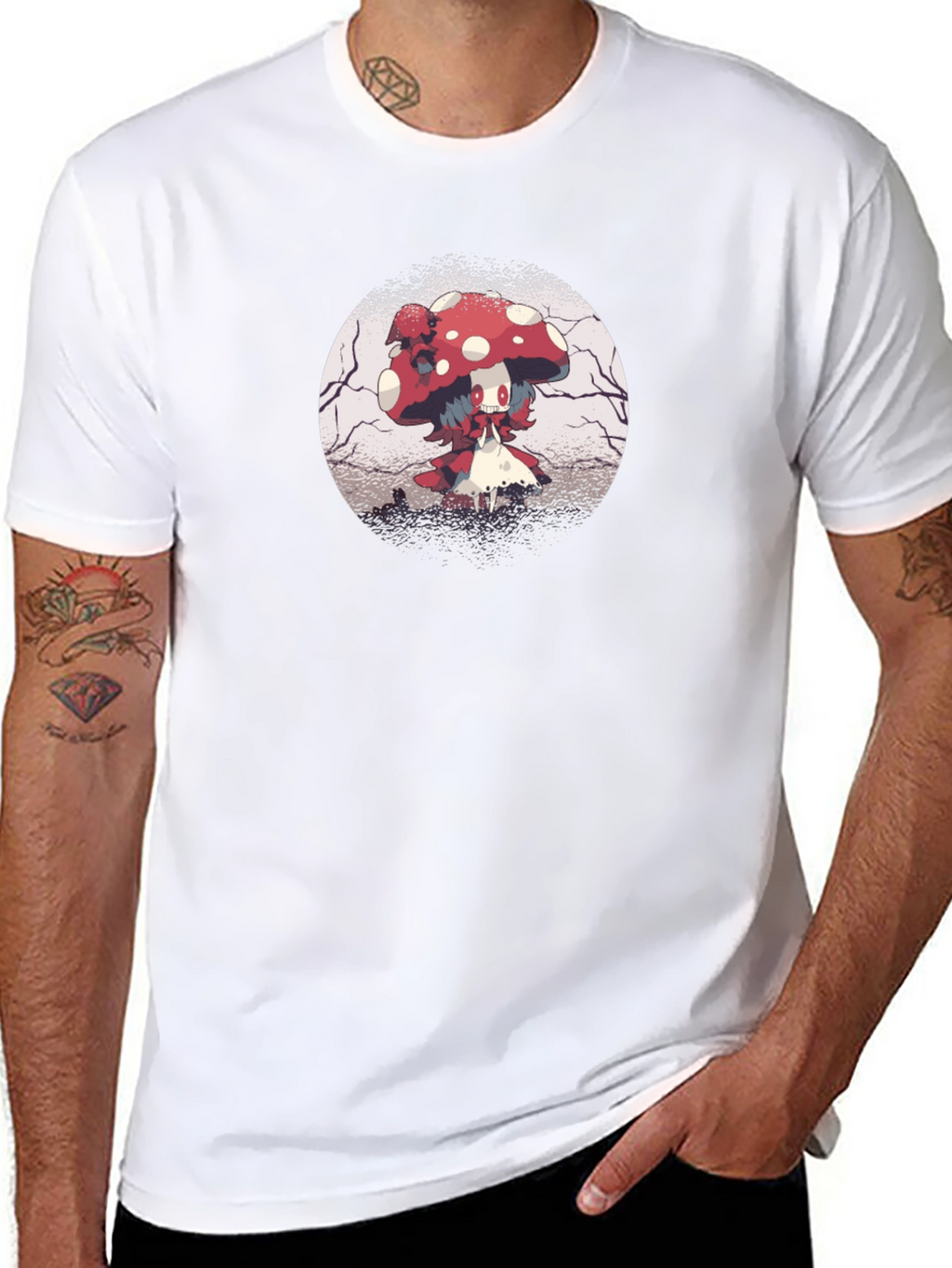 Mushroom Character Graphic Black T-Shirt