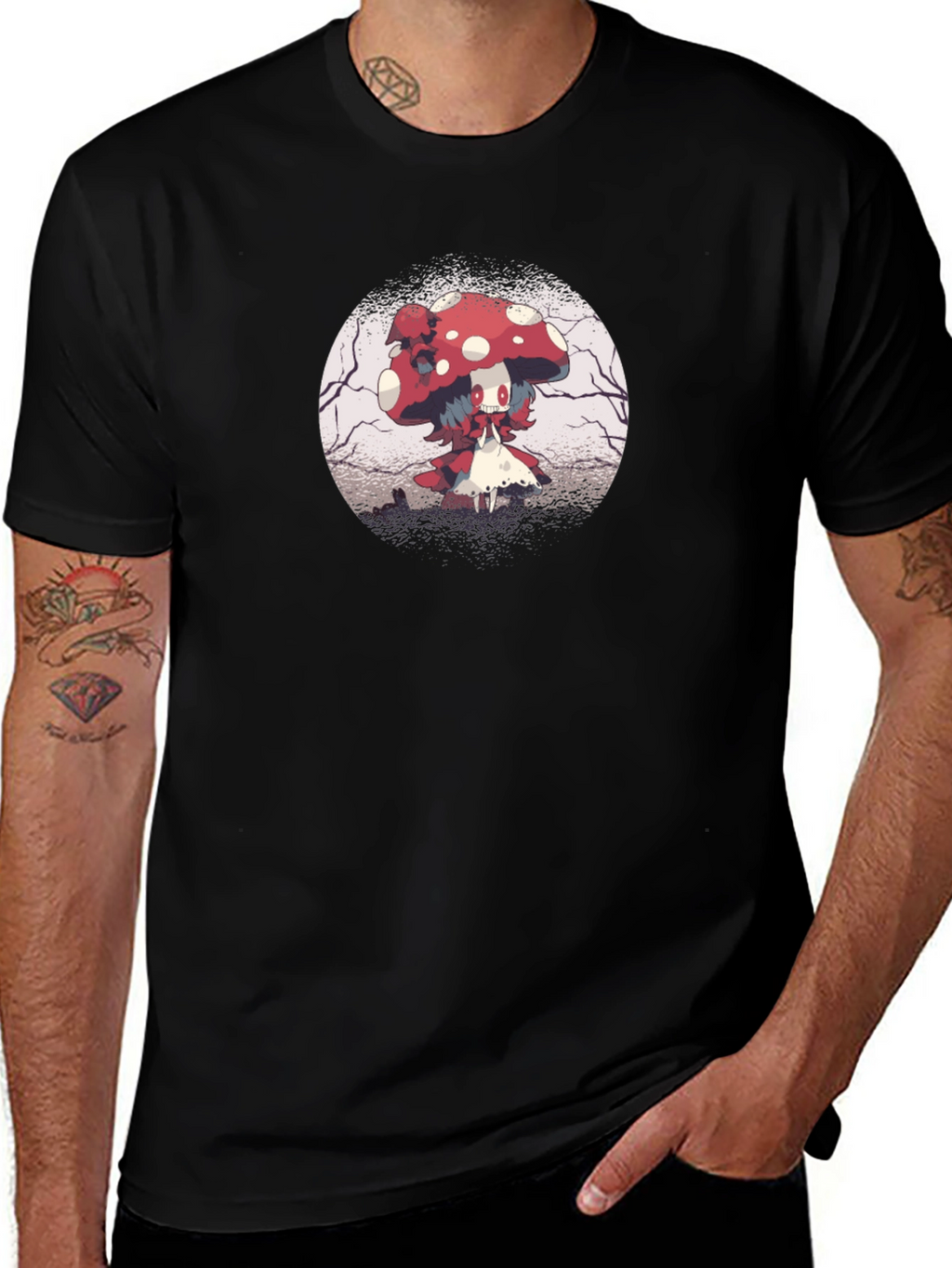 Mushroom Character Graphic Black T-Shirt
