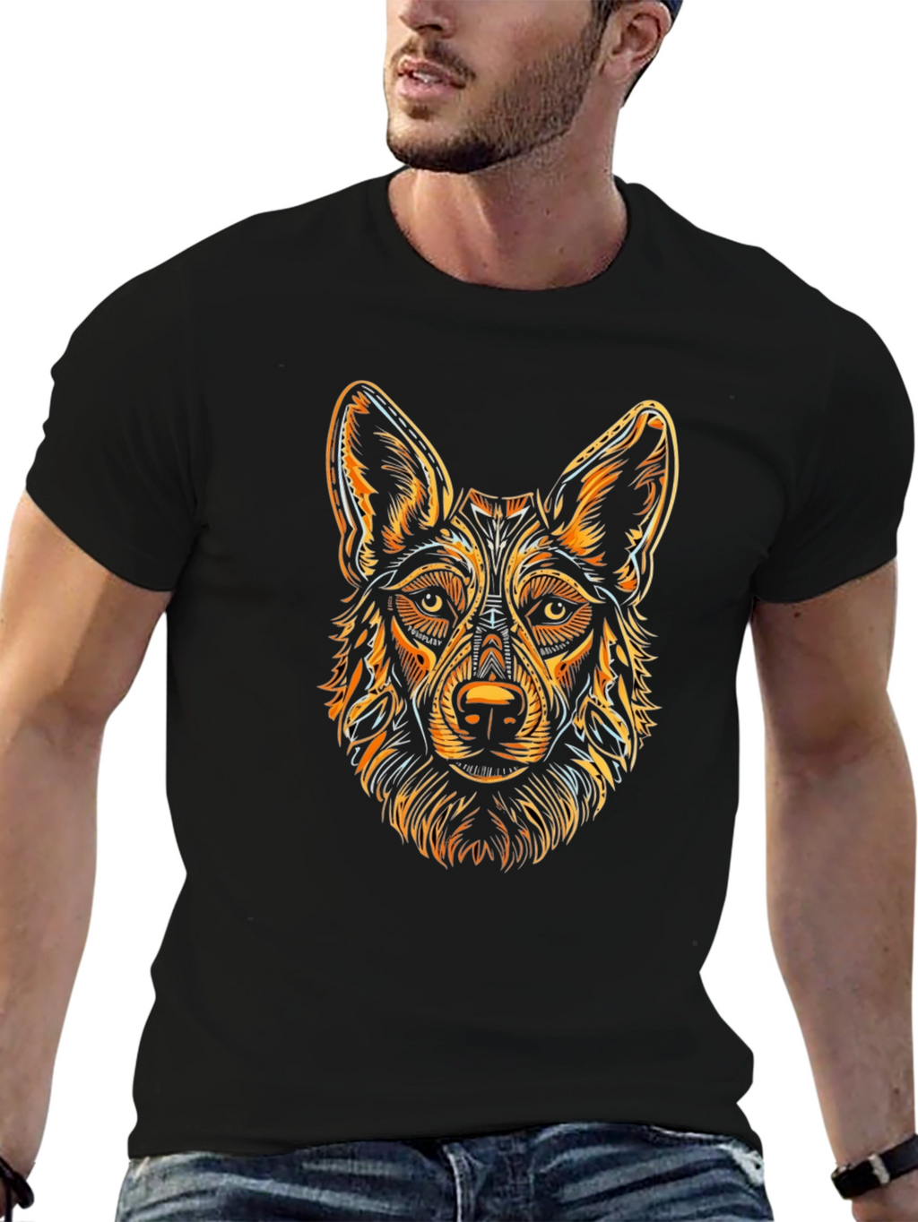 Black T-Shirt with Stylized Dog Graphic
