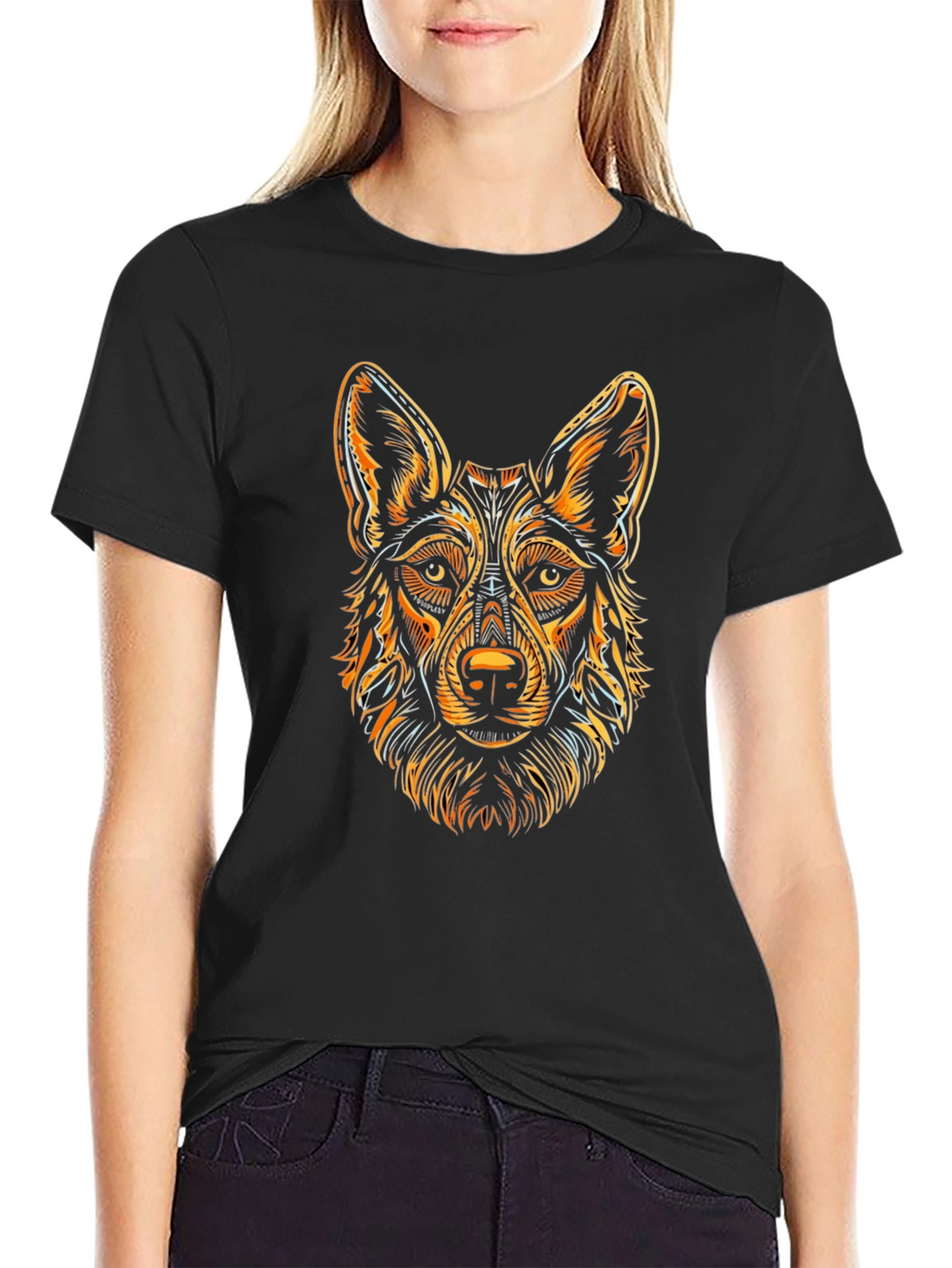 Black T-Shirt with Stylized Dog Graphic