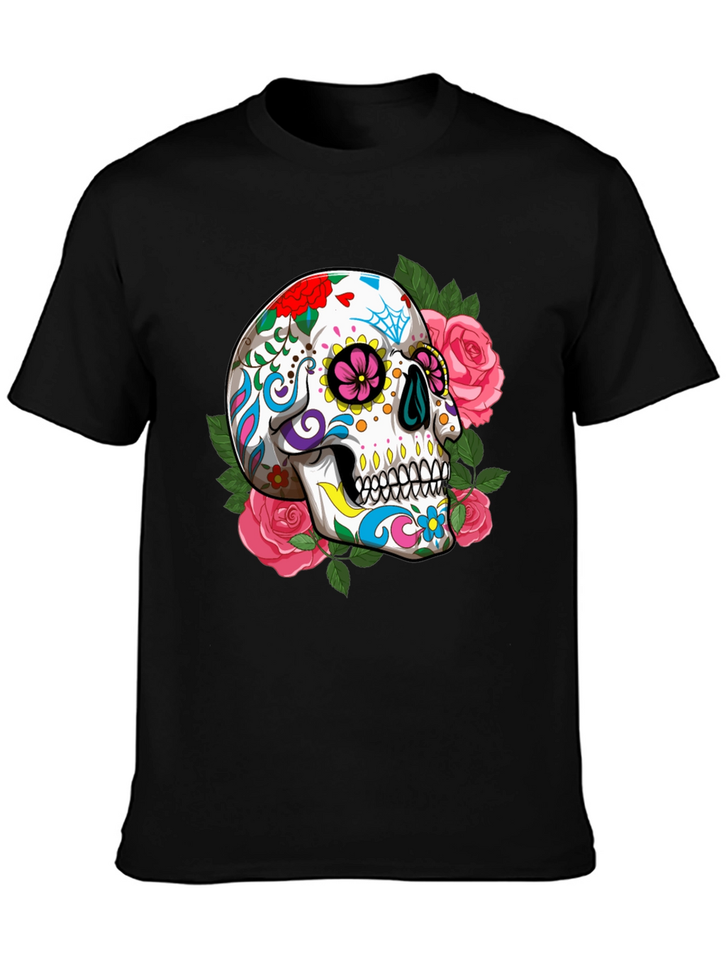 Floral Sugar Skull Graphic T-Shirt - Black