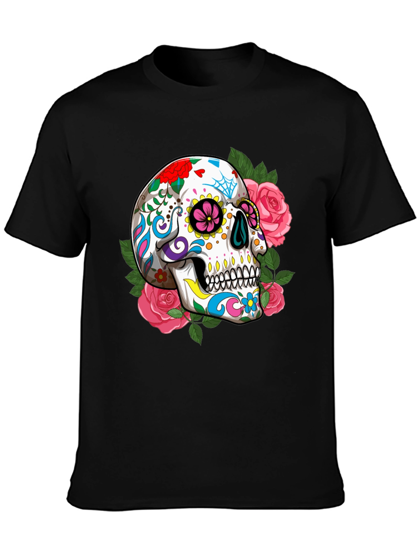 Floral Sugar Skull Graphic T-Shirt - Black