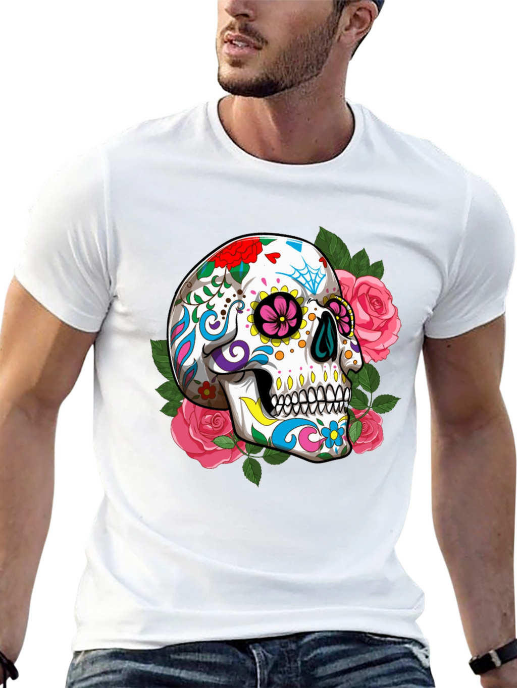 Floral Sugar Skull Graphic T-Shirt - Black