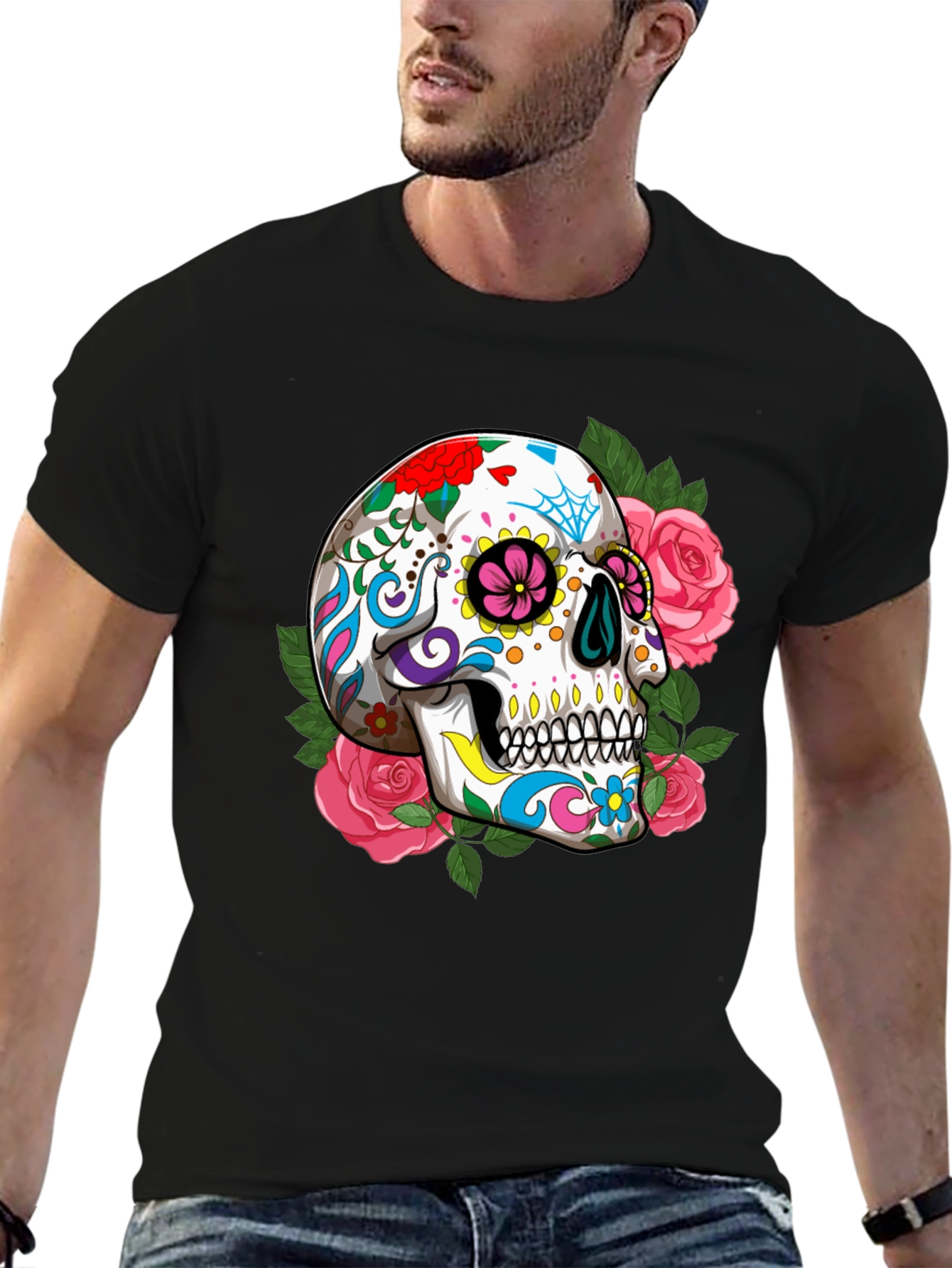 Floral Sugar Skull Graphic T-Shirt - Black
