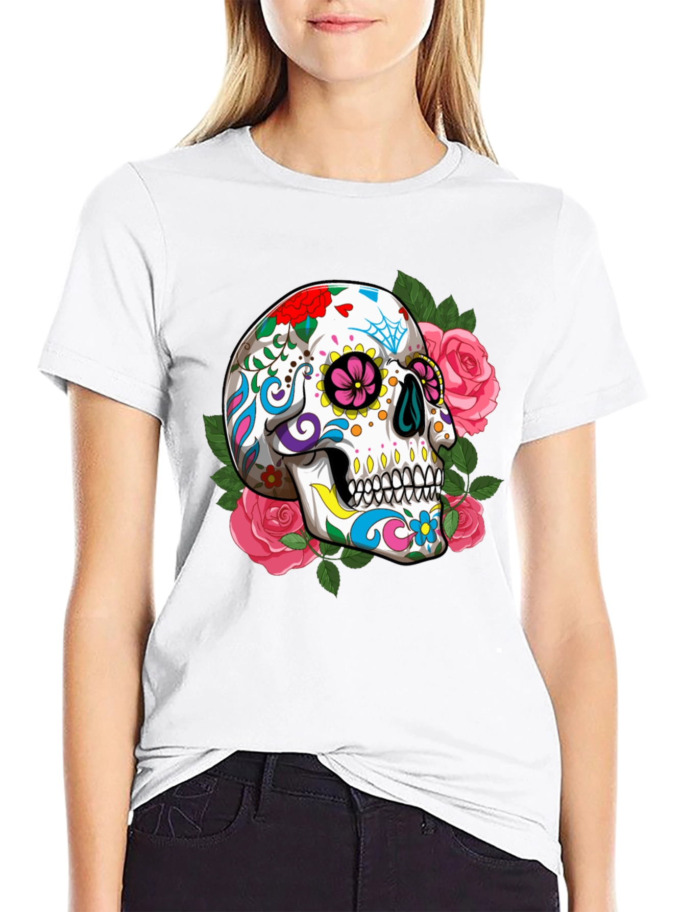 Floral Sugar Skull Graphic T-Shirt - Black
