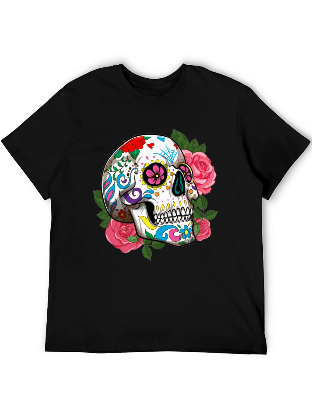 Floral Sugar Skull Graphic T-Shirt - Black