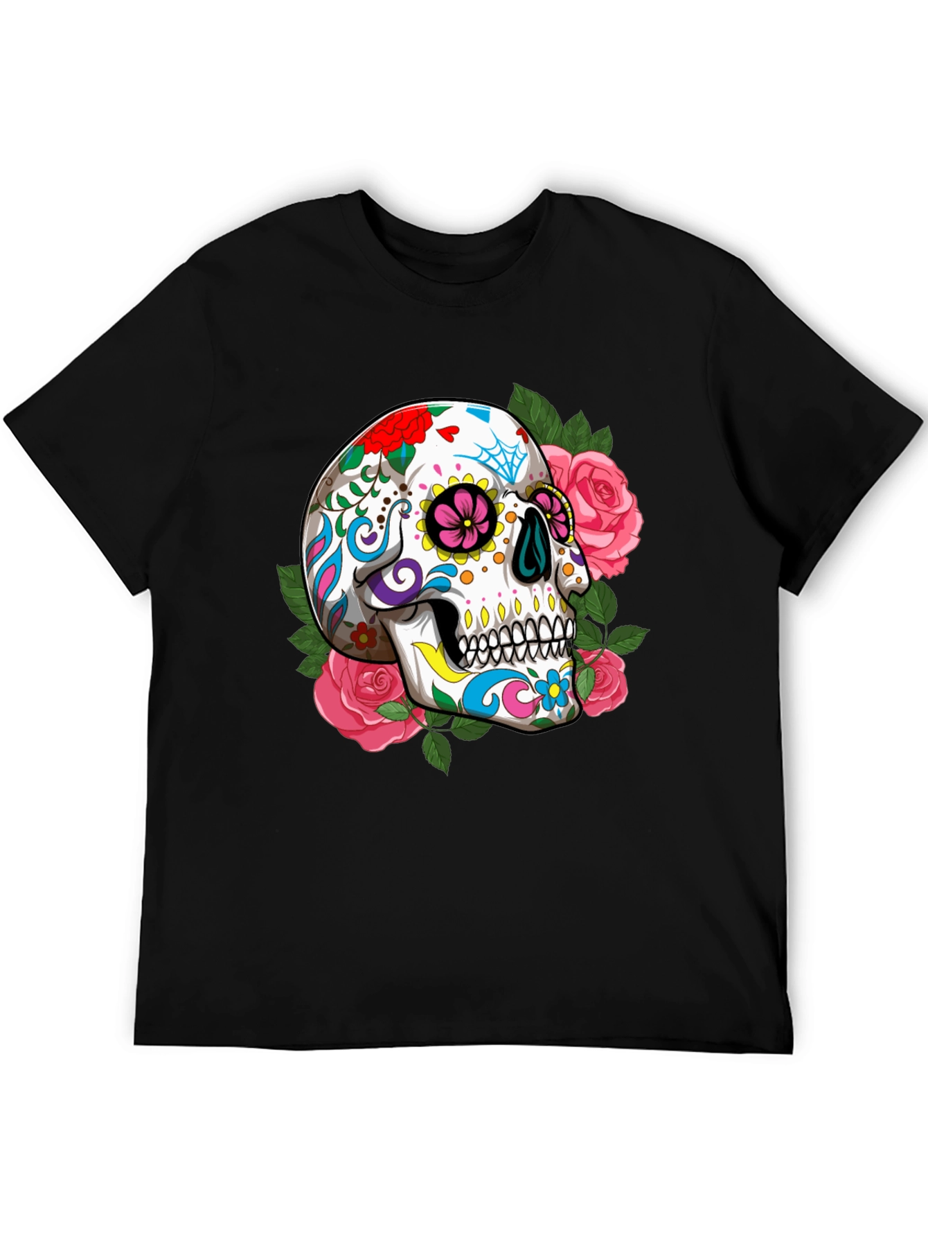 Floral Sugar Skull Graphic T-Shirt - Black