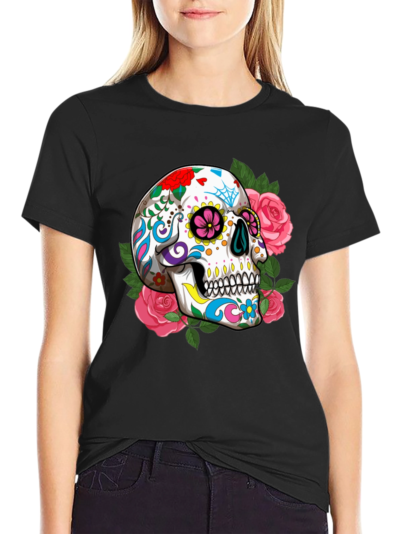 Floral Sugar Skull Graphic T-Shirt - Black