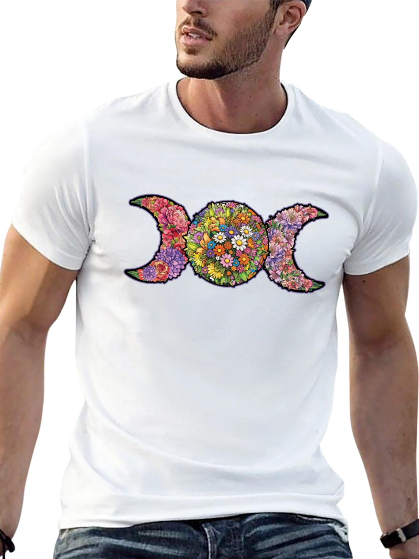 Floral Triple Moon Goddess T-Shirt - Black