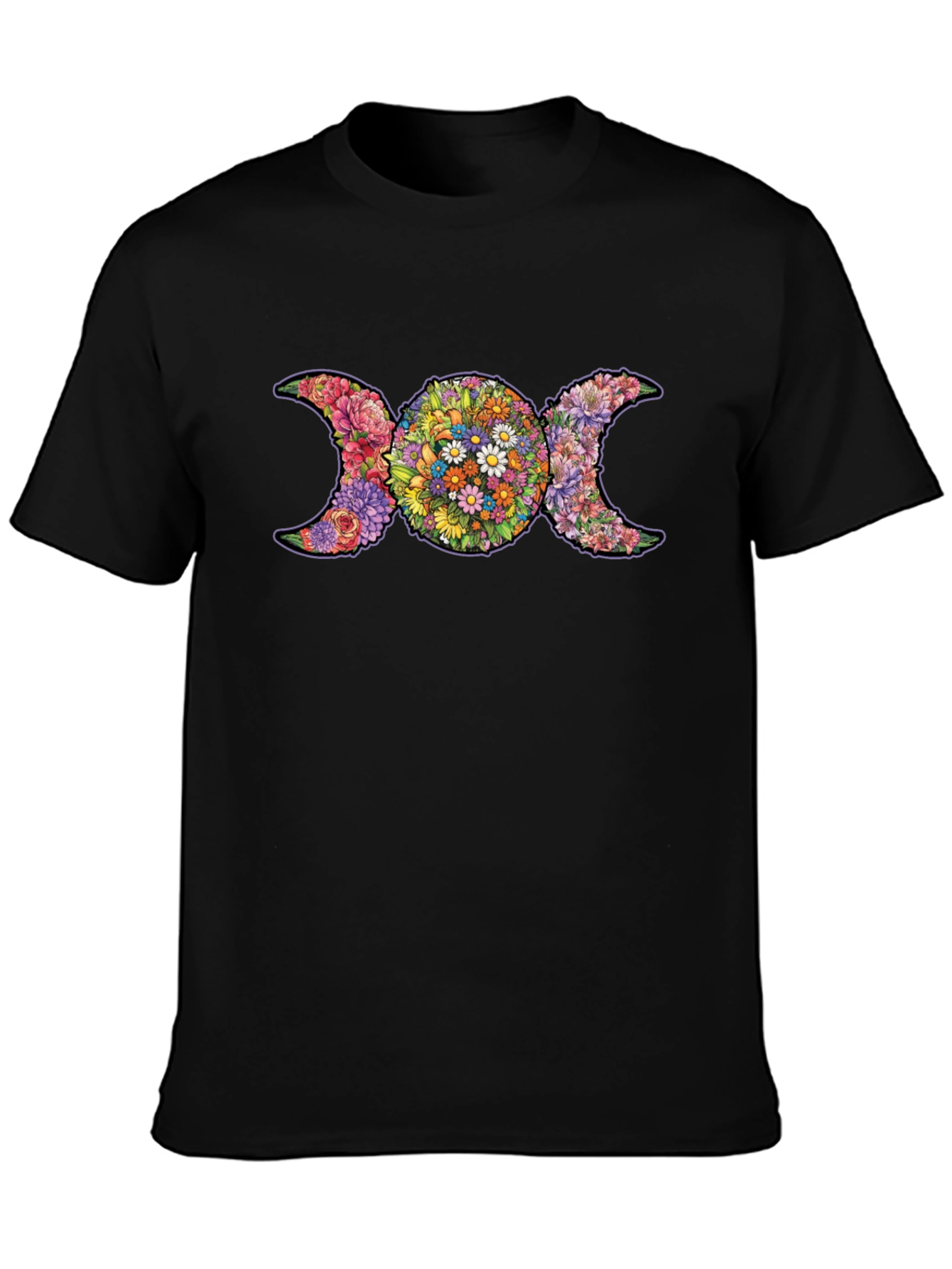 Floral Triple Moon Goddess T-Shirt - Black
