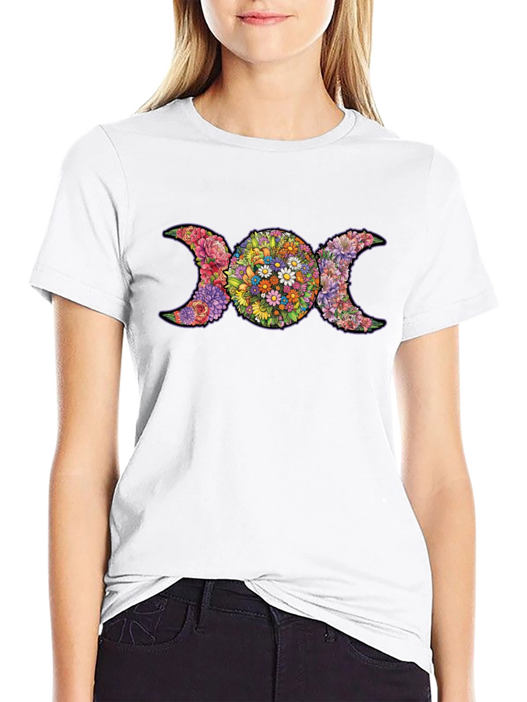 Floral Triple Moon Goddess T-Shirt - Black