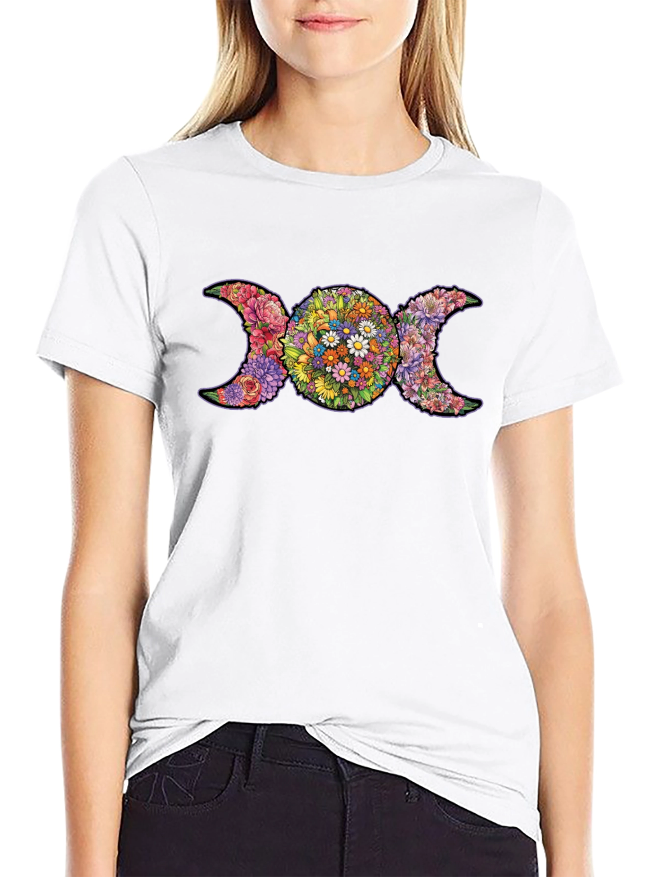 Floral Triple Moon Goddess T-Shirt - Black