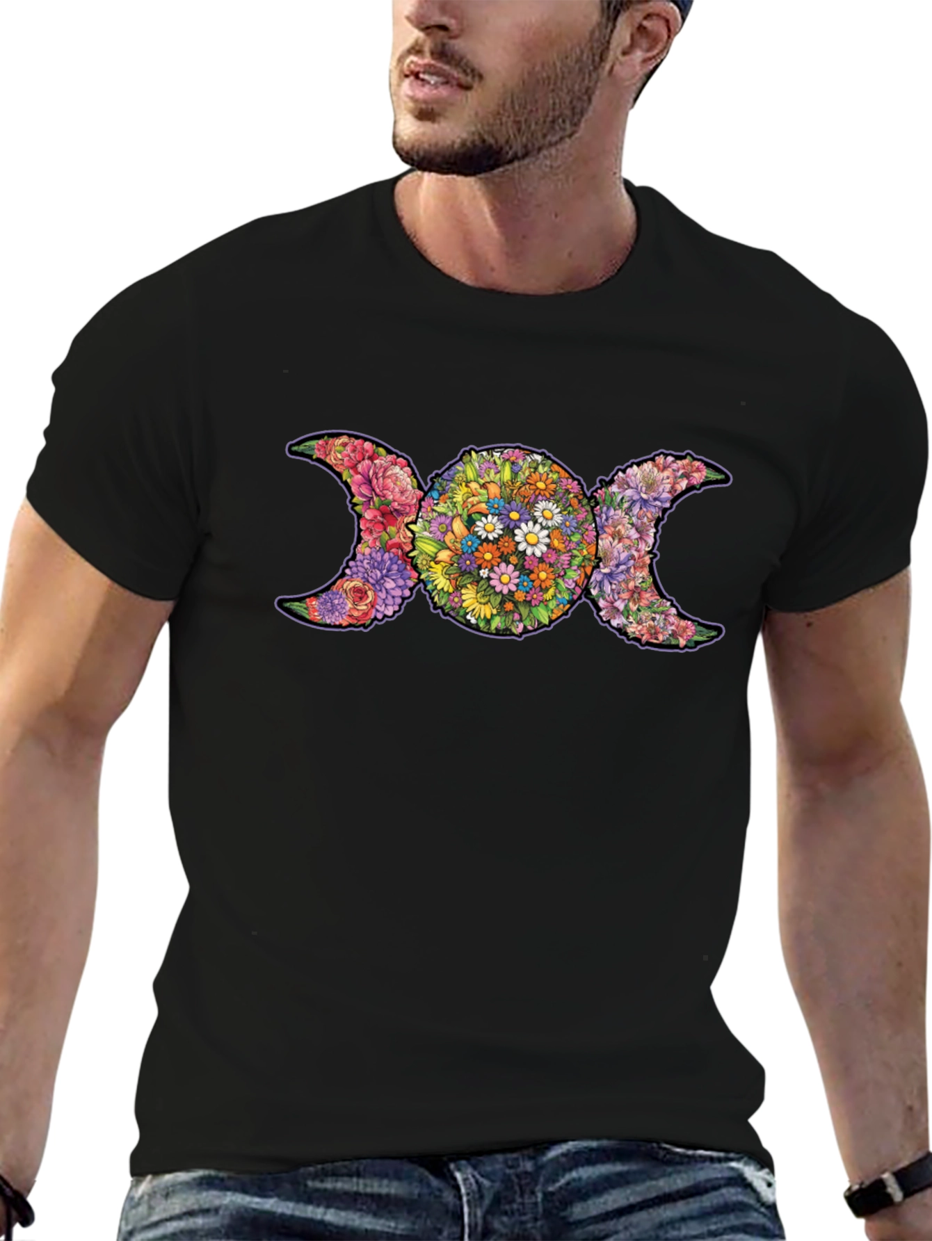 Floral Triple Moon Goddess T-Shirt - Black