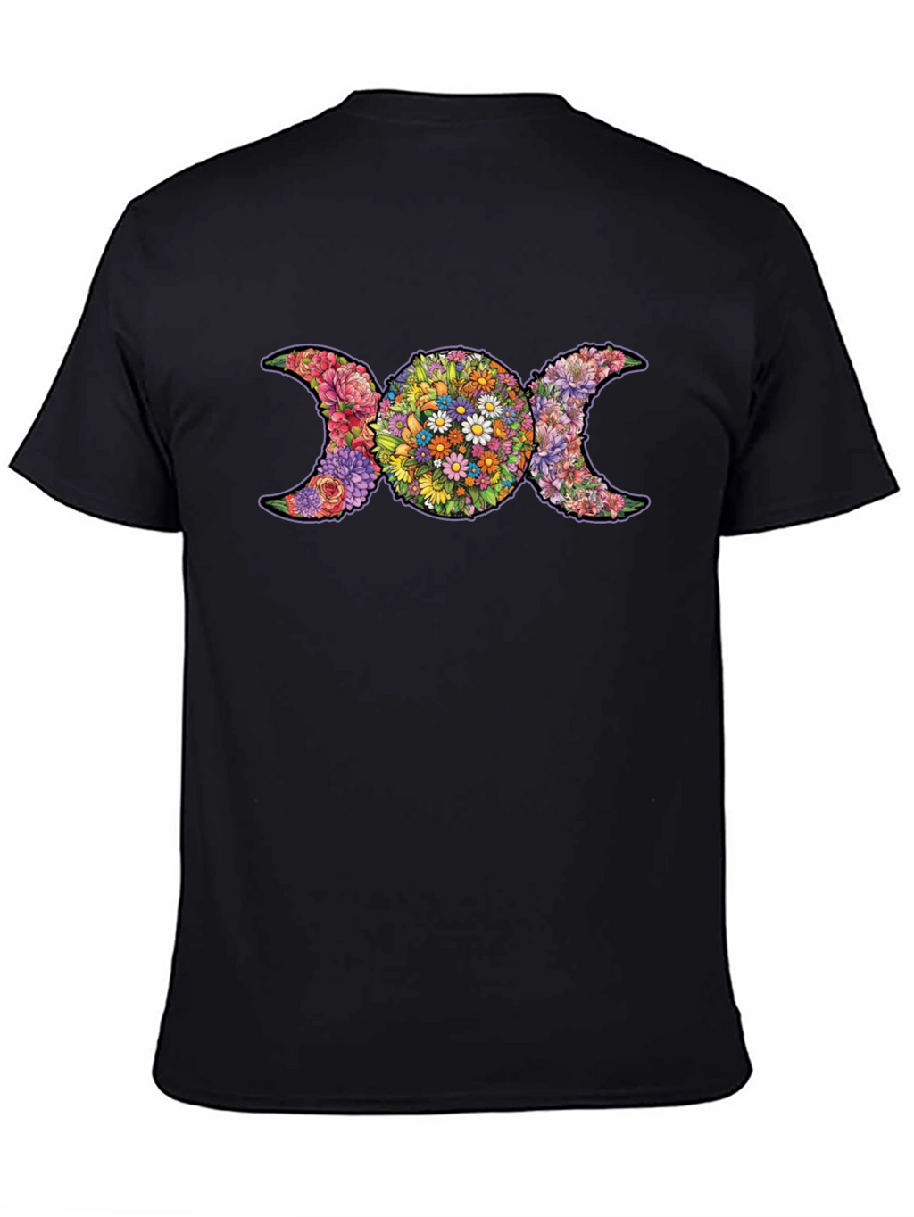 Floral Triple Moon Goddess T-Shirt - Black