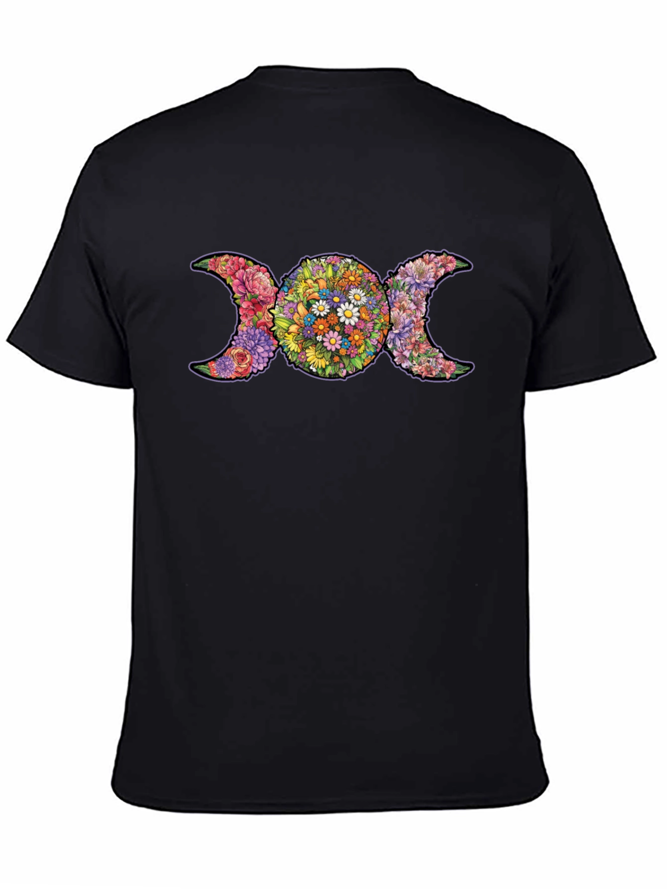Floral Triple Moon Goddess T-Shirt - Black