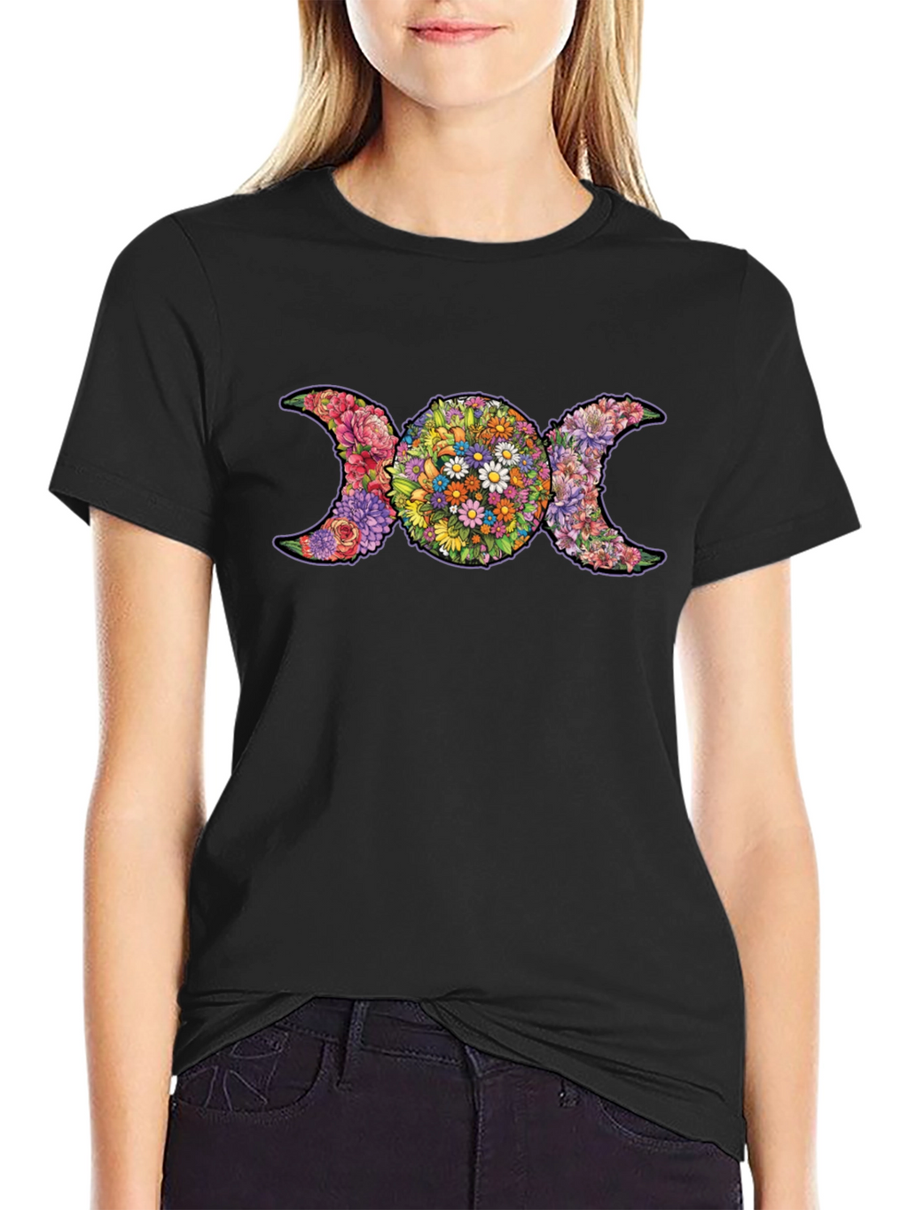 Floral Triple Moon Goddess T-Shirt - Black