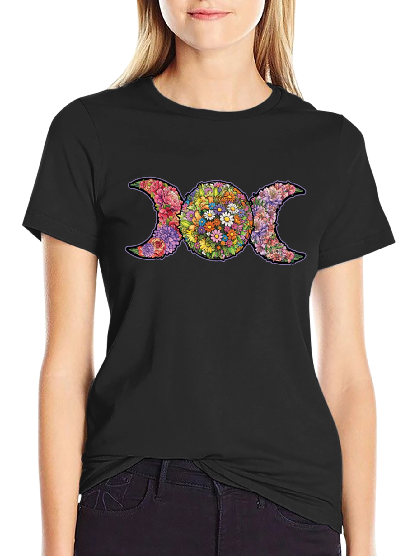 Floral Triple Moon Goddess T-Shirt - Black