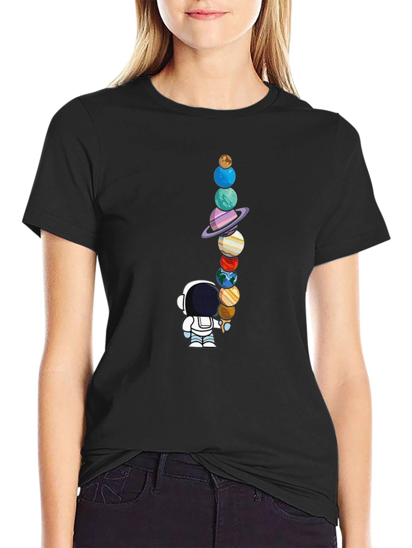 Astronaut Planets Graphic Tee - Space Lovers Black T-Shirt
