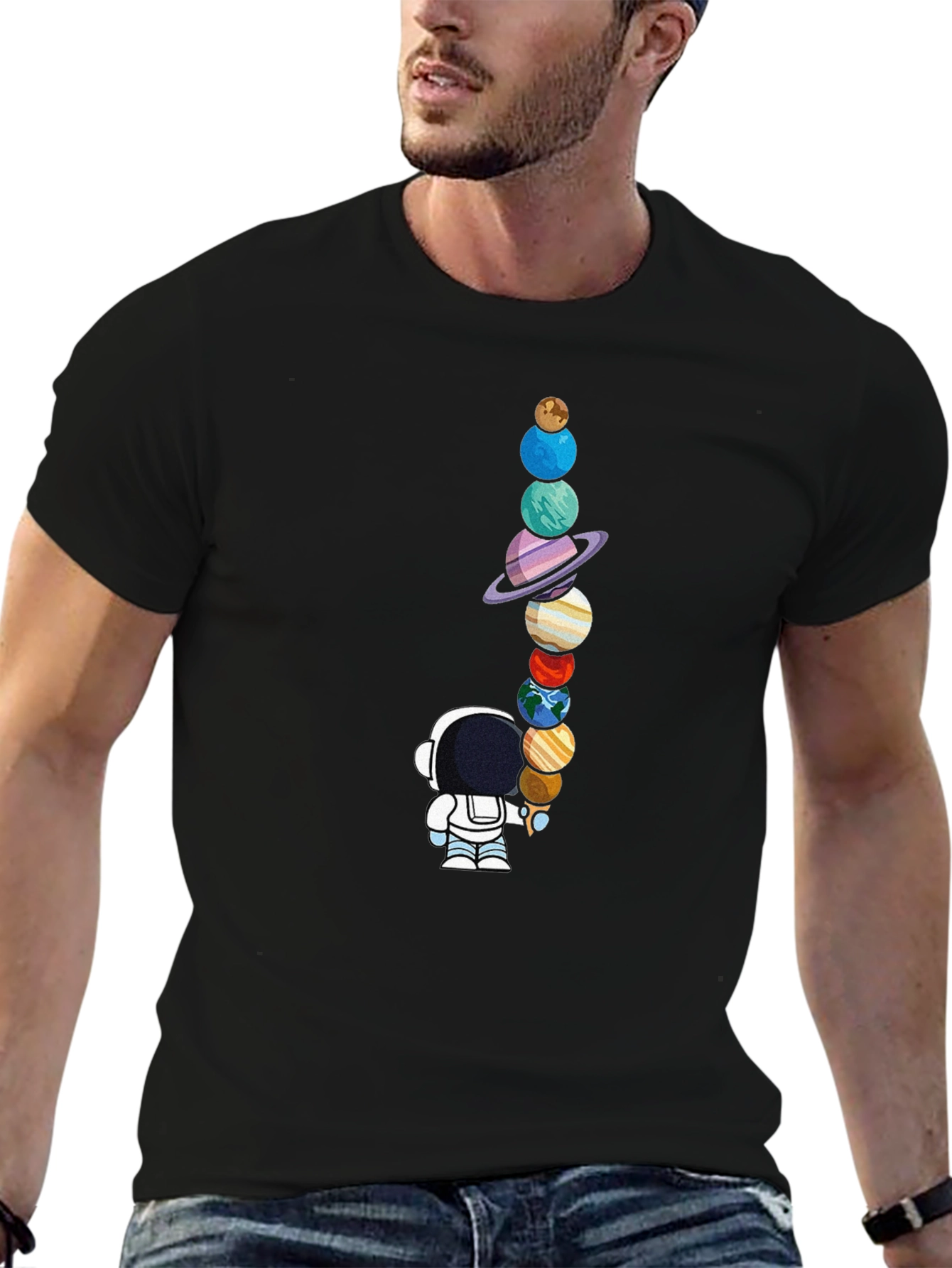Astronaut Planets Graphic Tee - Space Lovers Black T-Shirt