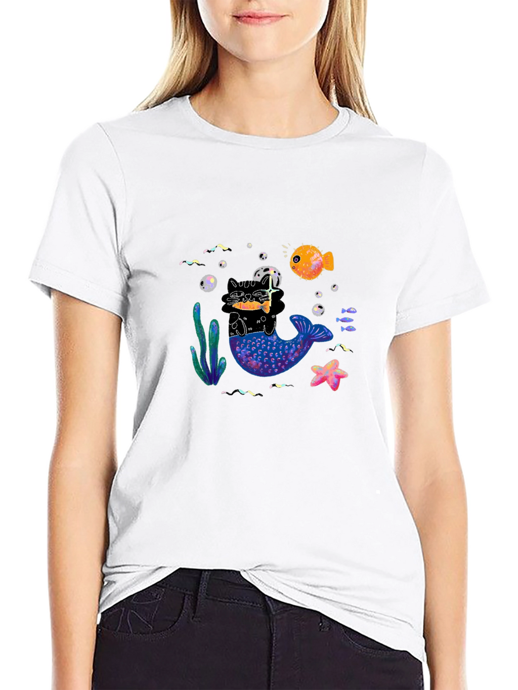Black T-Shirt with Mermaid Cat Graphic
