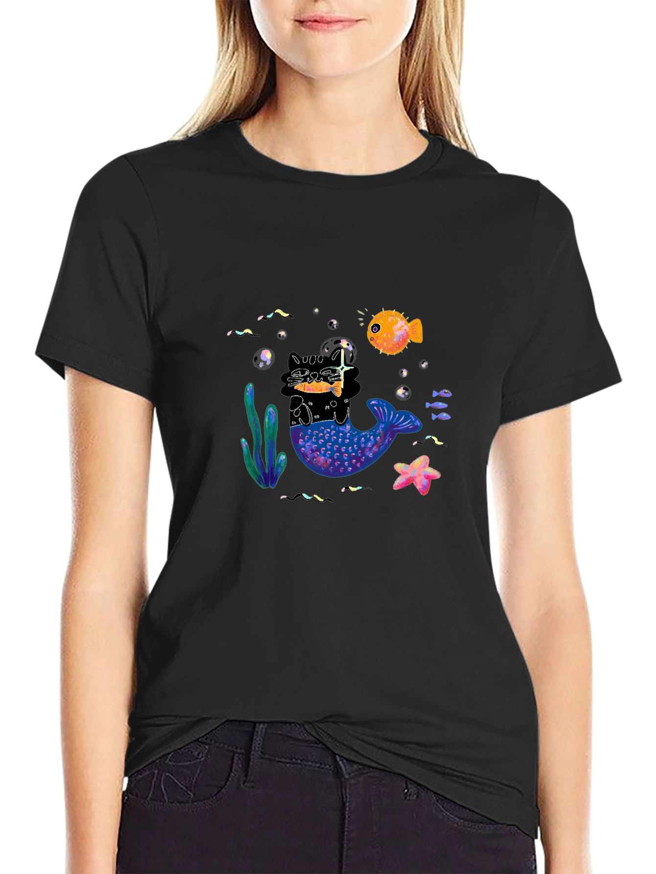 Black T-Shirt with Mermaid Cat Graphic