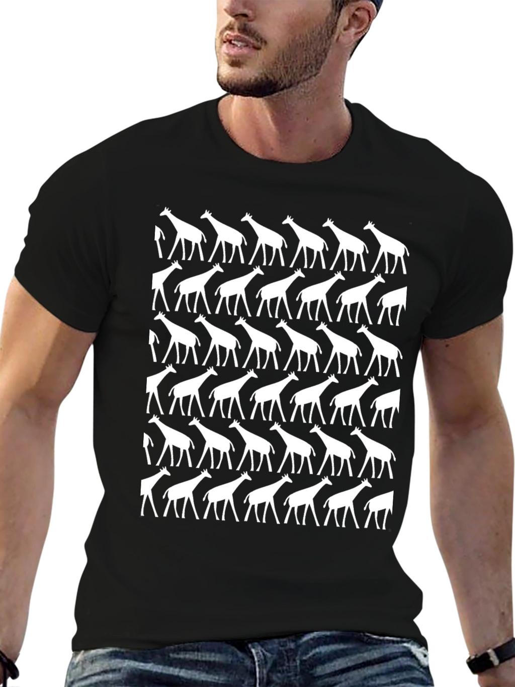 Giraffe Pattern Graphic Tee - Black Cotton Shirt