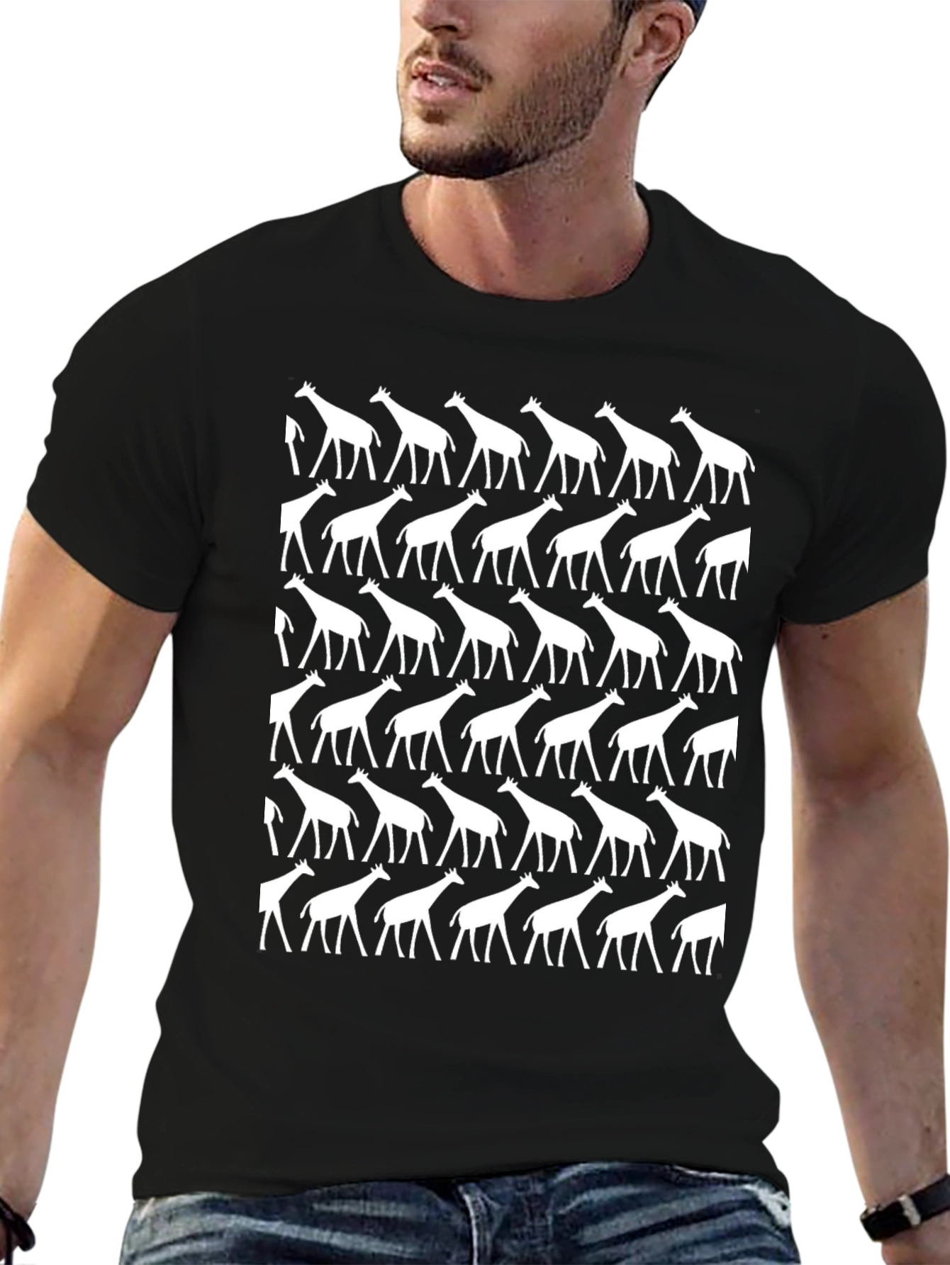 Giraffe Pattern Graphic Tee - Black Cotton Shirt