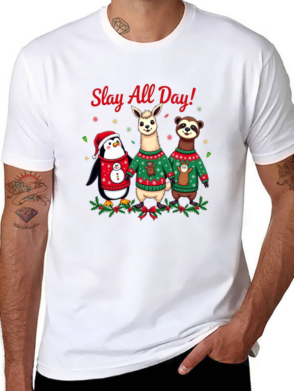Slay All Day Christmas Animals Holiday T-Shirt
