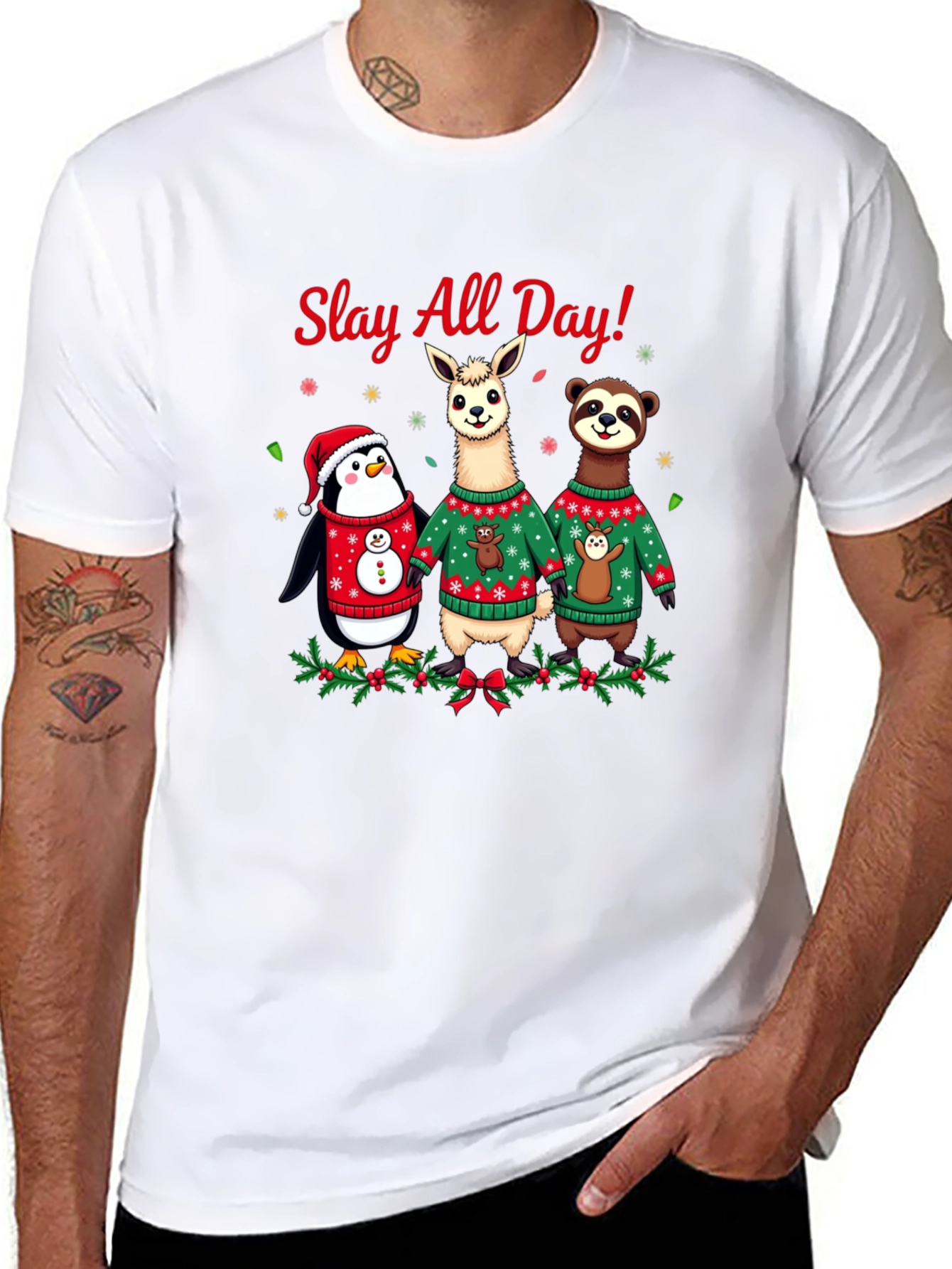 Slay All Day Christmas Animals Holiday T-Shirt