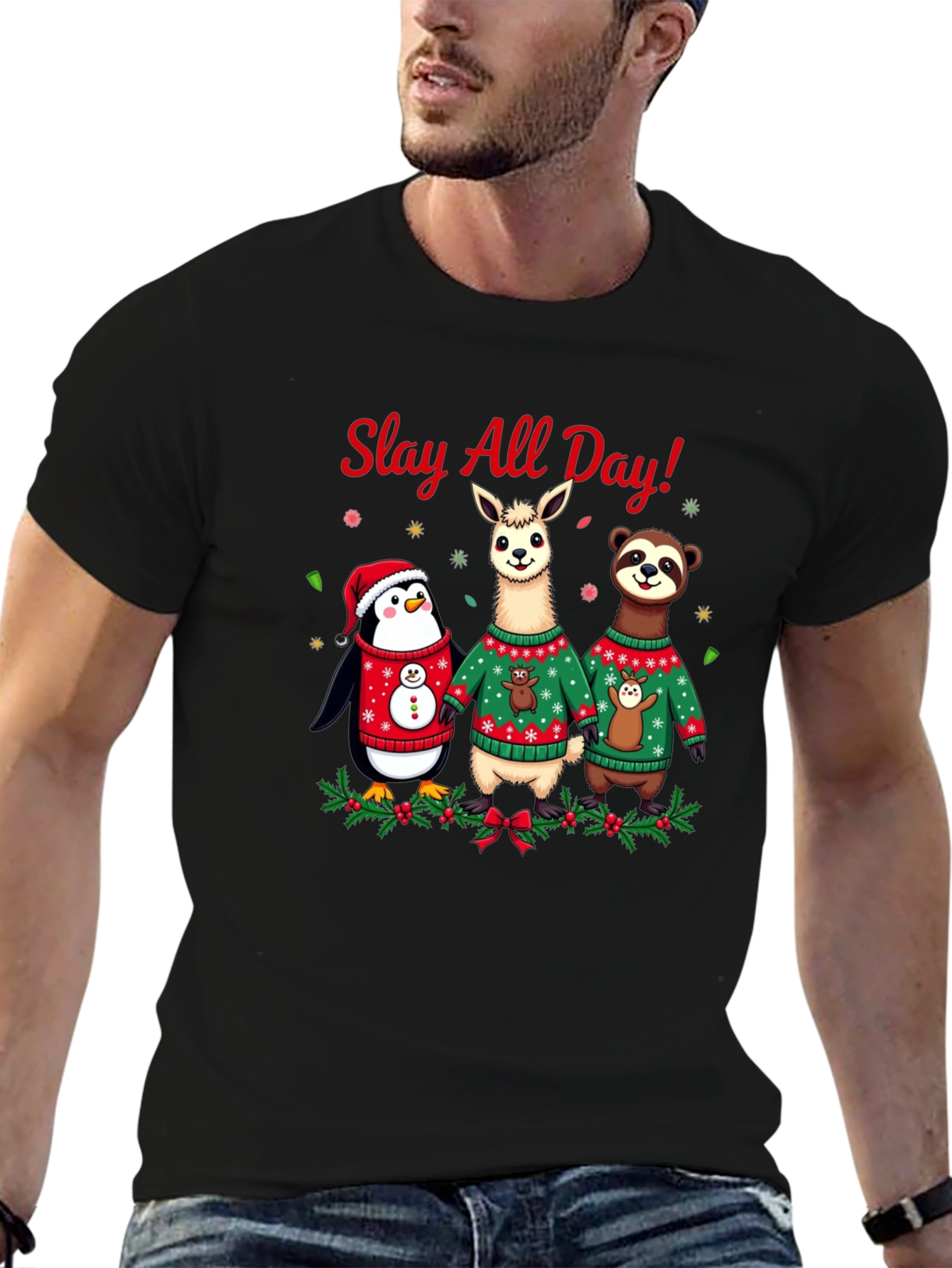 Slay All Day Christmas Animals Holiday T-Shirt