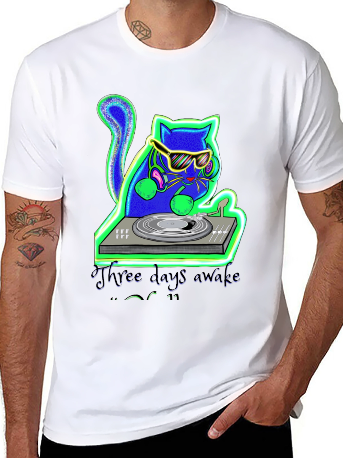 Three Days Awake DJ Cat Graphic T-Shirt