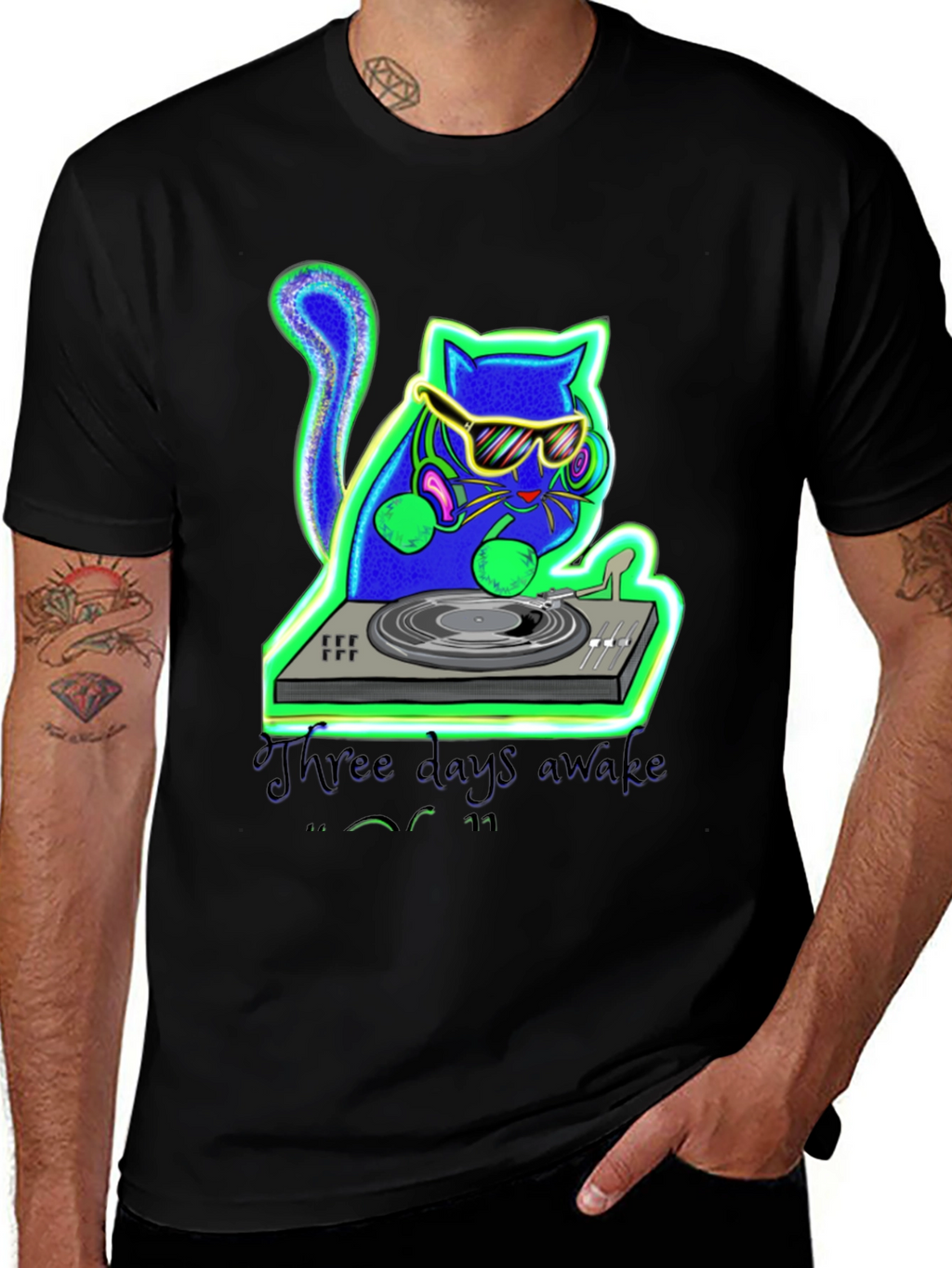Three Days Awake DJ Cat Graphic T-Shirt