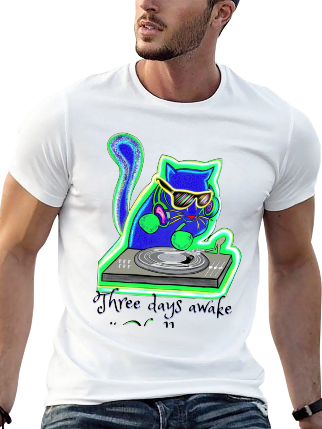 Three Days Awake DJ Cat Graphic T-Shirt